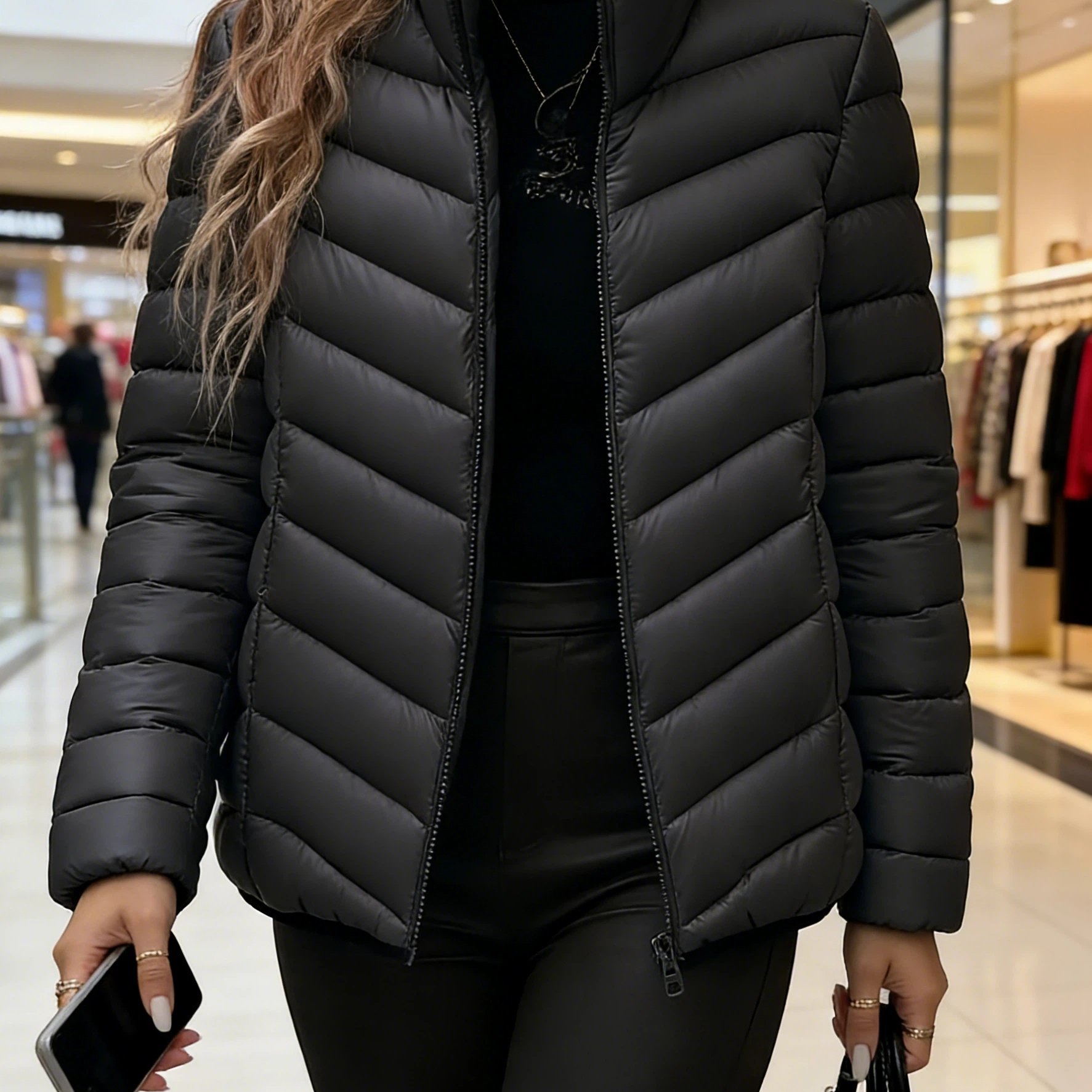 TEMU Women's Stand Collar Quilted Padded For Spring, Autumn, And Winter. Vertical Quilting, Simple And Slim-fit Collar Design. Warm, Lightweight,