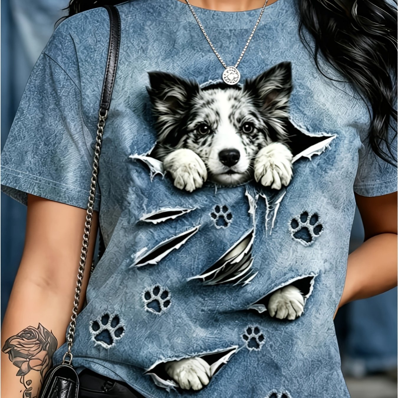 TEMU Women's Plus Size Denim Print T-shirt With Ripped Meteor & Border Collie Paw - Loose Neck Short Sleeve Top, Suitable For , Casual Outfits,