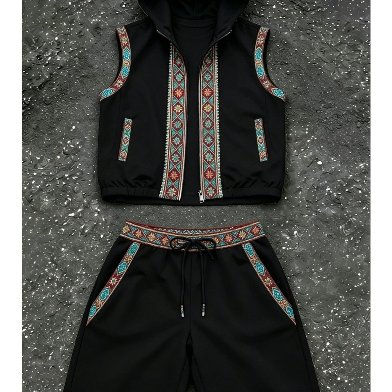 Image of Men's Casual Suit Sleeveless Hooded Men's Suit Casual Trendy Ethnic Geometric Pattern Zipper Vest Drawstring Shorts Adult Men's Fashion Streetwear Casual Outfit