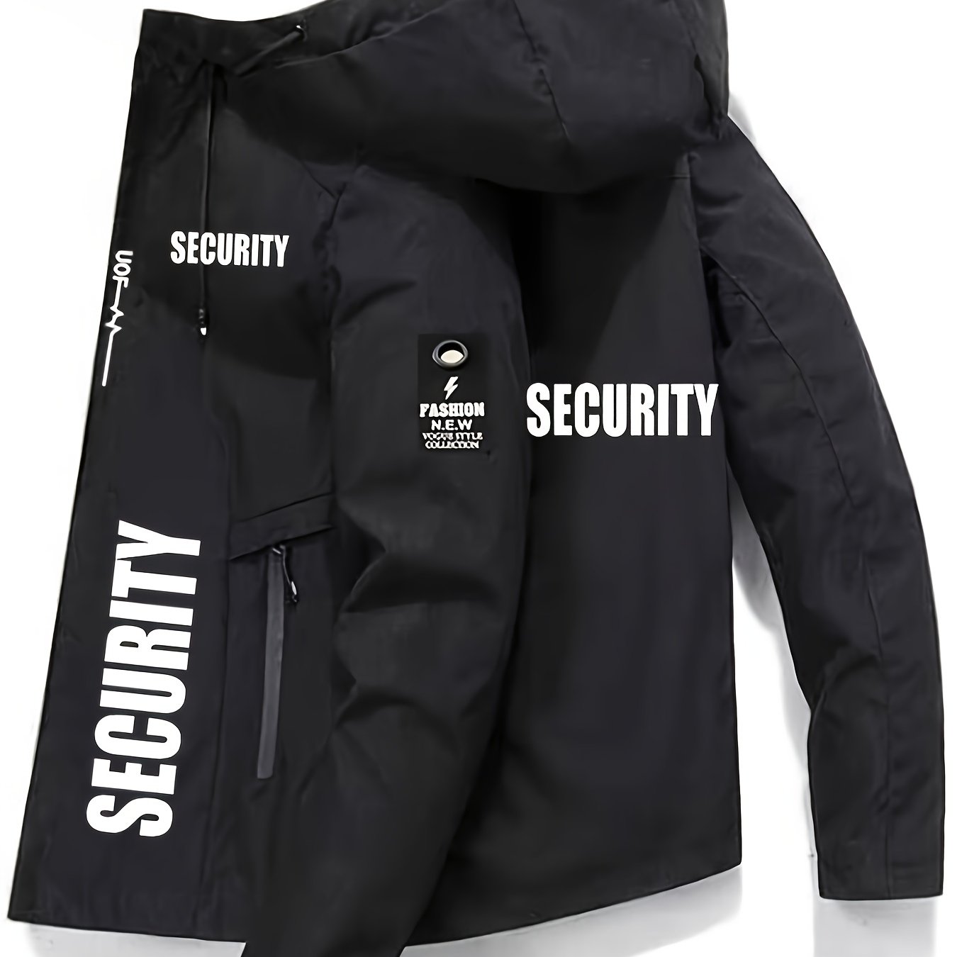 TEMU Men's Security Letter Print Hooded Jacket, Zip Closure, Windproof Design, 100% Polyester Fabric With Multiple Pockets And Adjustable Drawstring