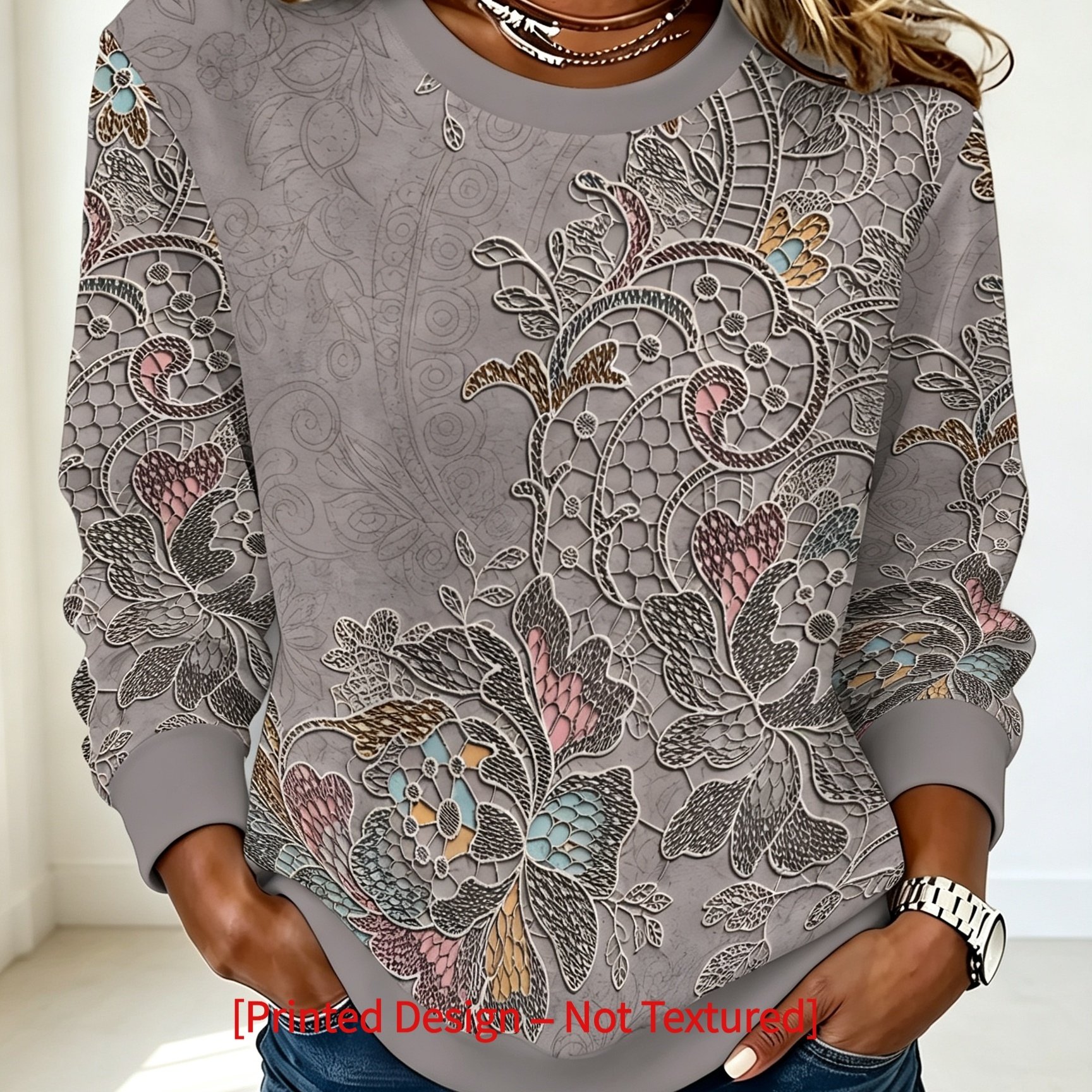 TEMU [printed Design - Not Textured Women's Round Neck Sweatshirt - Vine Retro Print - Suitable For Campus Casual Top - Fashionable Versatile Casual