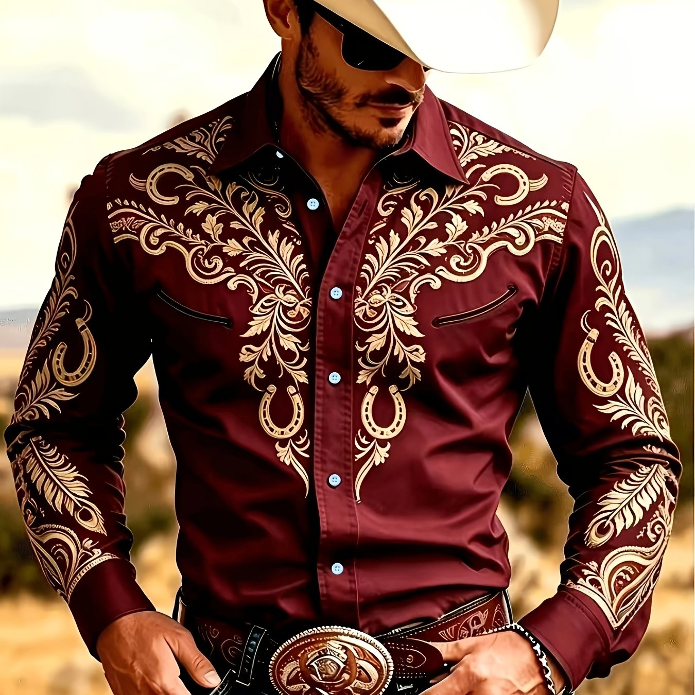 TEMU Printed Design - Non-textured Men's Dark Brown Vintage Horseshoe Print Long-sleeve Shirt, Wrinkle-resistant And No-iron, Suitable For , Western
