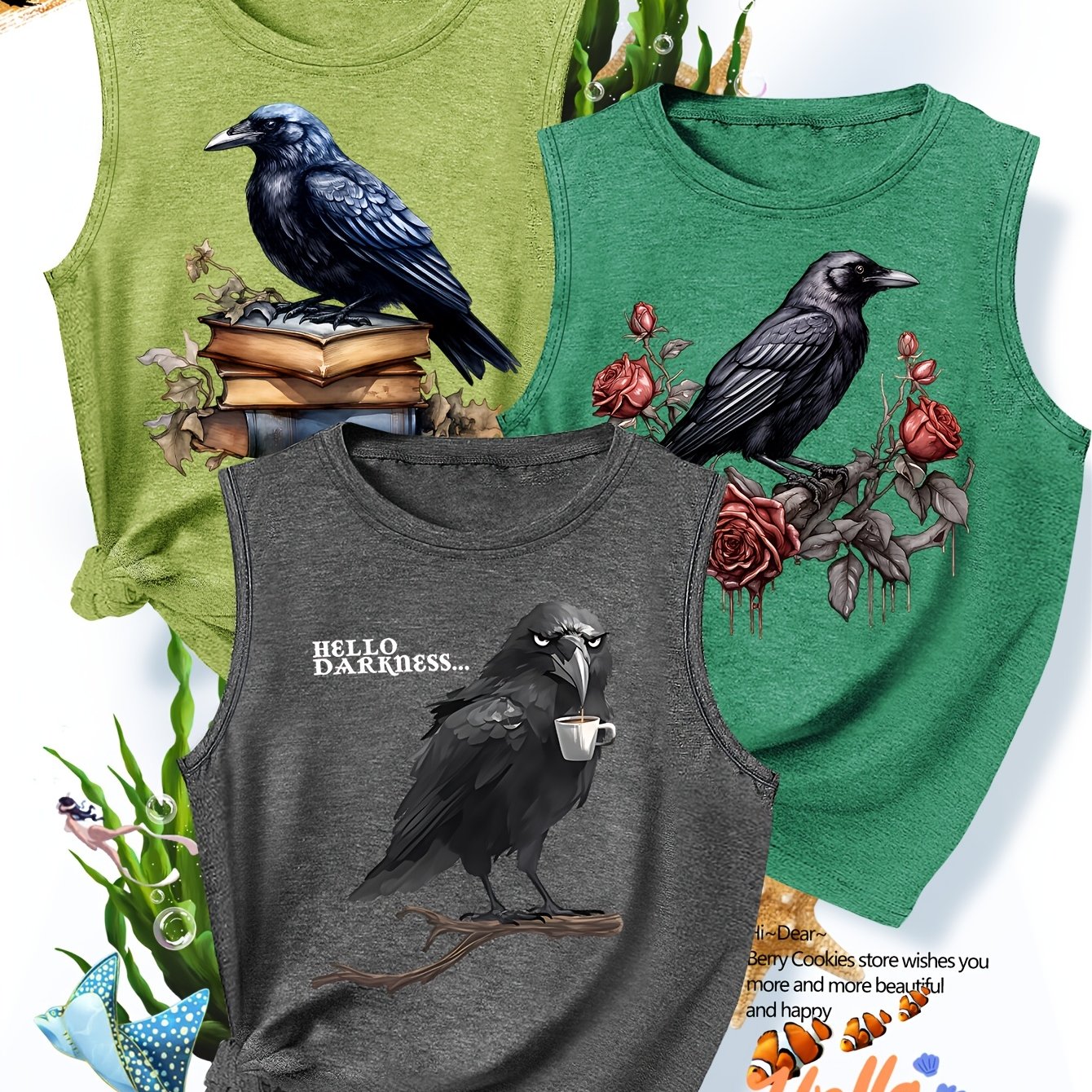TEMU Three-piece Vintage Crow Print Outfits For , Stylish And Elegant Summer Casual Sports Tops For Women, Soft And Comfortable Round-neck Vests In