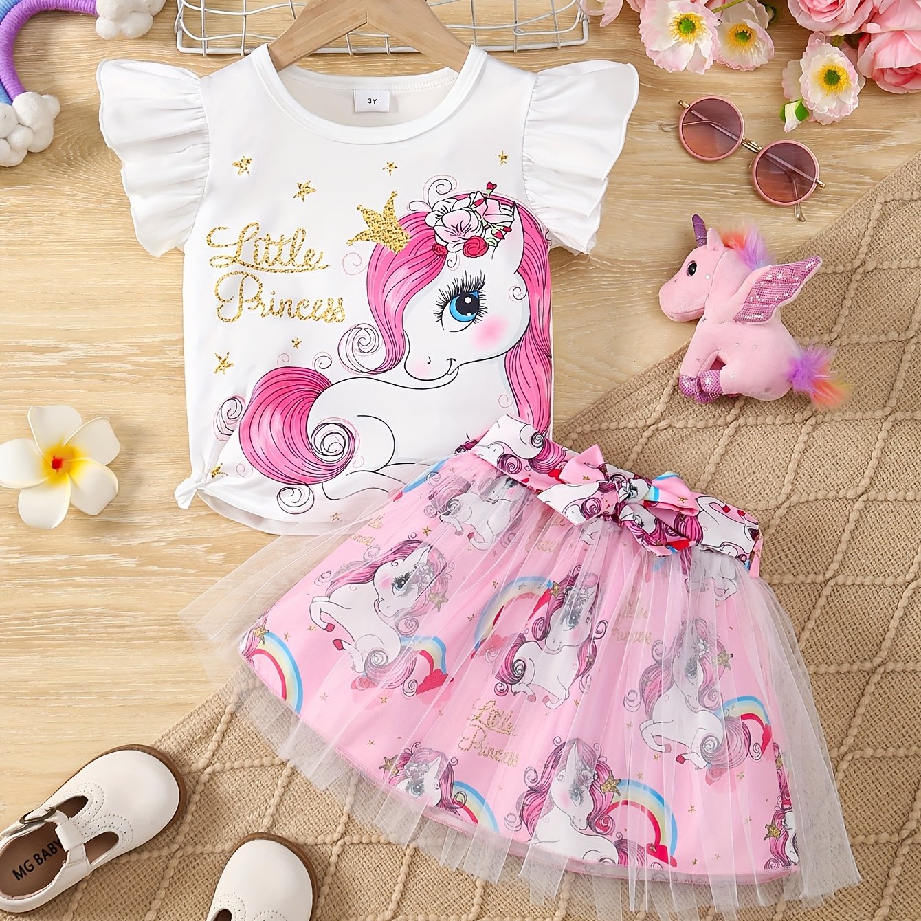 Image of Girl's 3pcs Unicorn Print Mesh Skirt Set: Flutter Sleeve Round Neck Pullover Short Sleeve Top + Mesh Print Skirt + Decorative Belt, 3pcs Ladies' Set