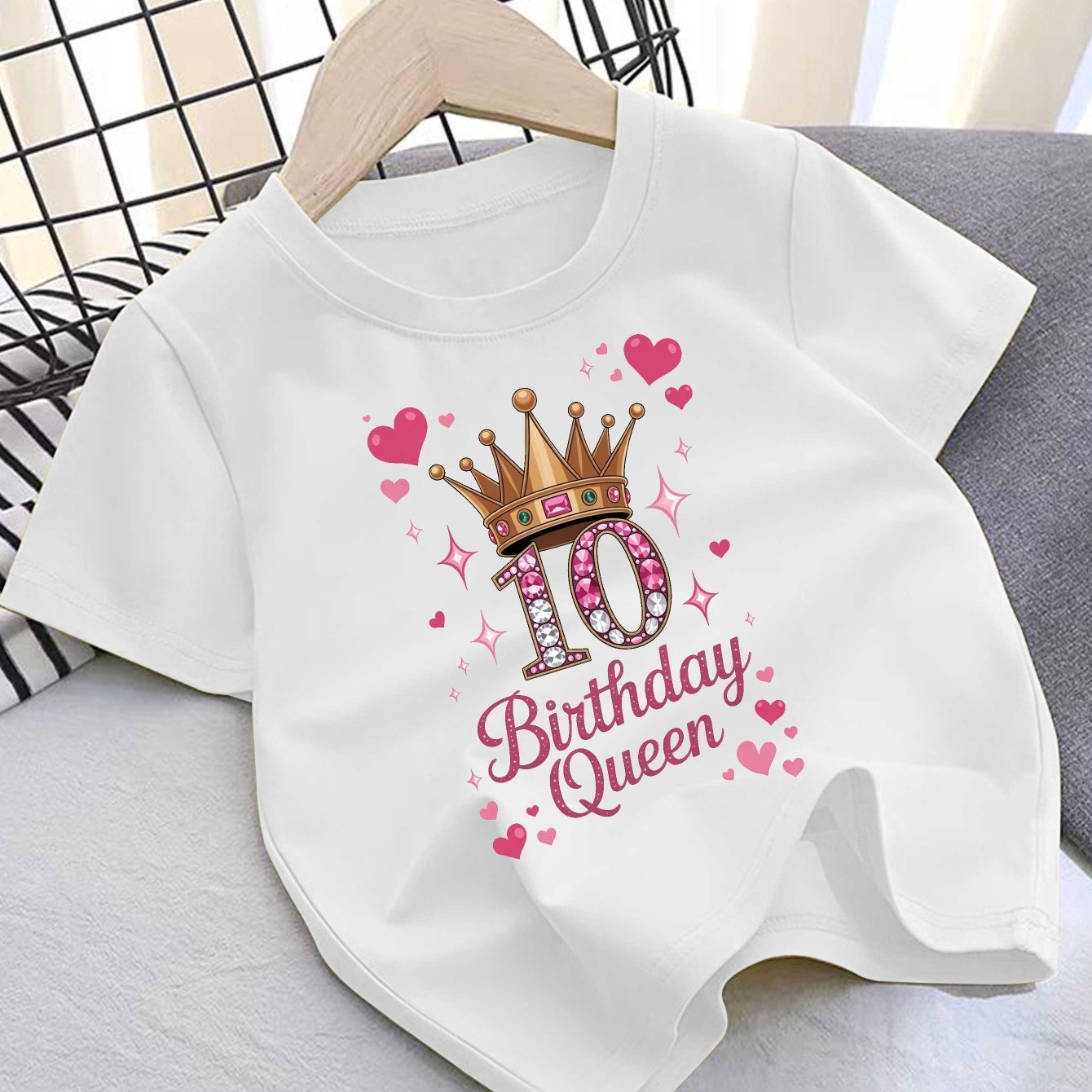 E-shop [Gedrucktes Design – Nicht texturiert] 10. Geburtstag Königin Mädchen T-Shirt – Leuchtend gelbes Geburtstagsparty-Outfit mit Kronen-Grafik,