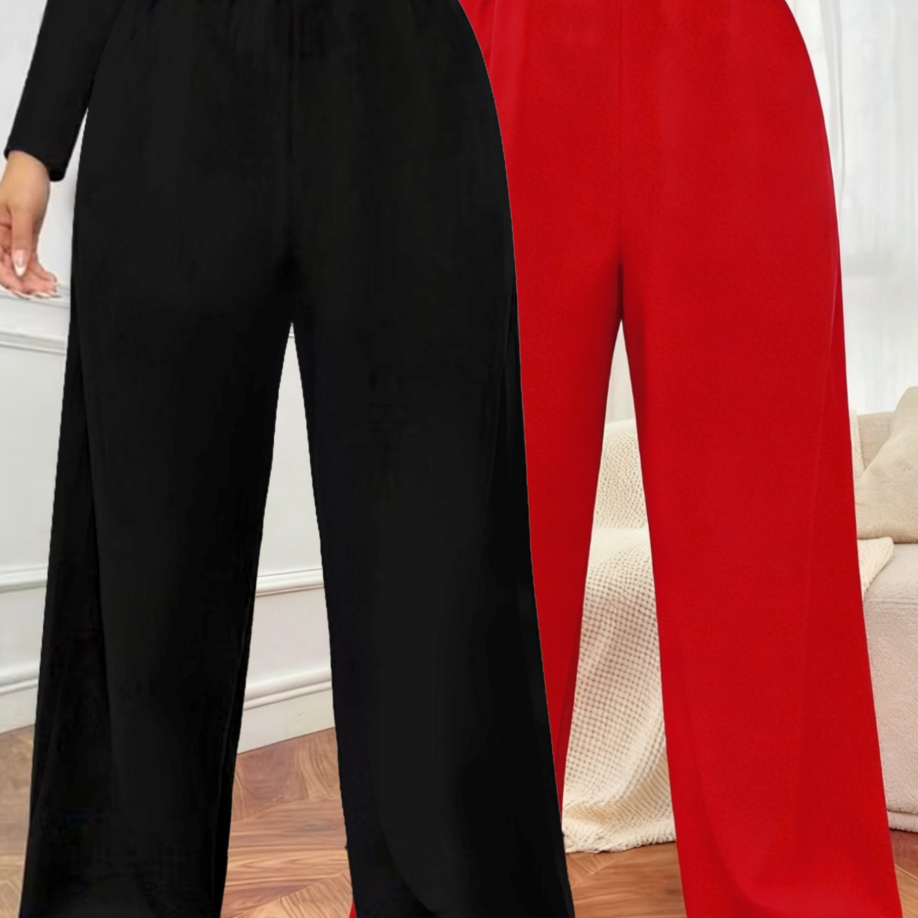 TEMU Plus Size - Plus Size - Women's Plus Size 2pcs Casual Pants Set - Solid Color Oversized Elastic Trousers, Perfect For Outdoor, And Casual Wear -