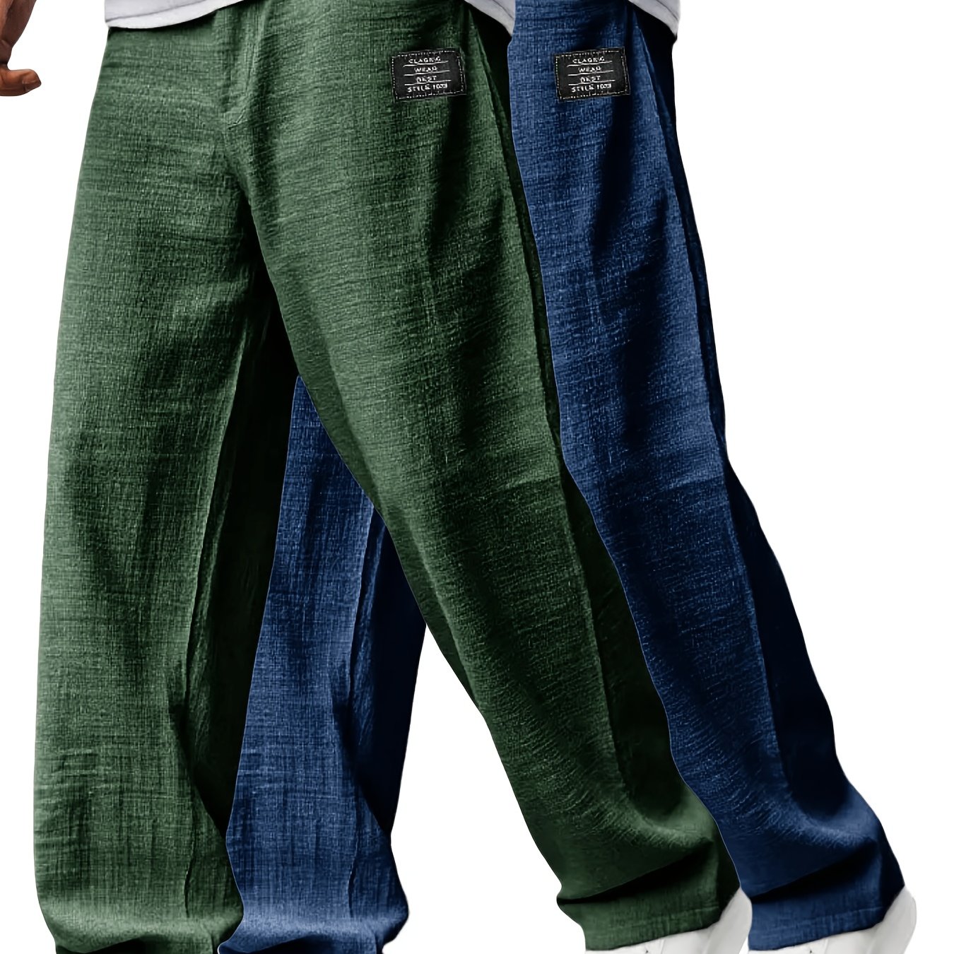 2pcs Men's Casual Cotton Trousers With Embroidered Patch, Drawstring Waistband, Elastic Waistband, And Pockets