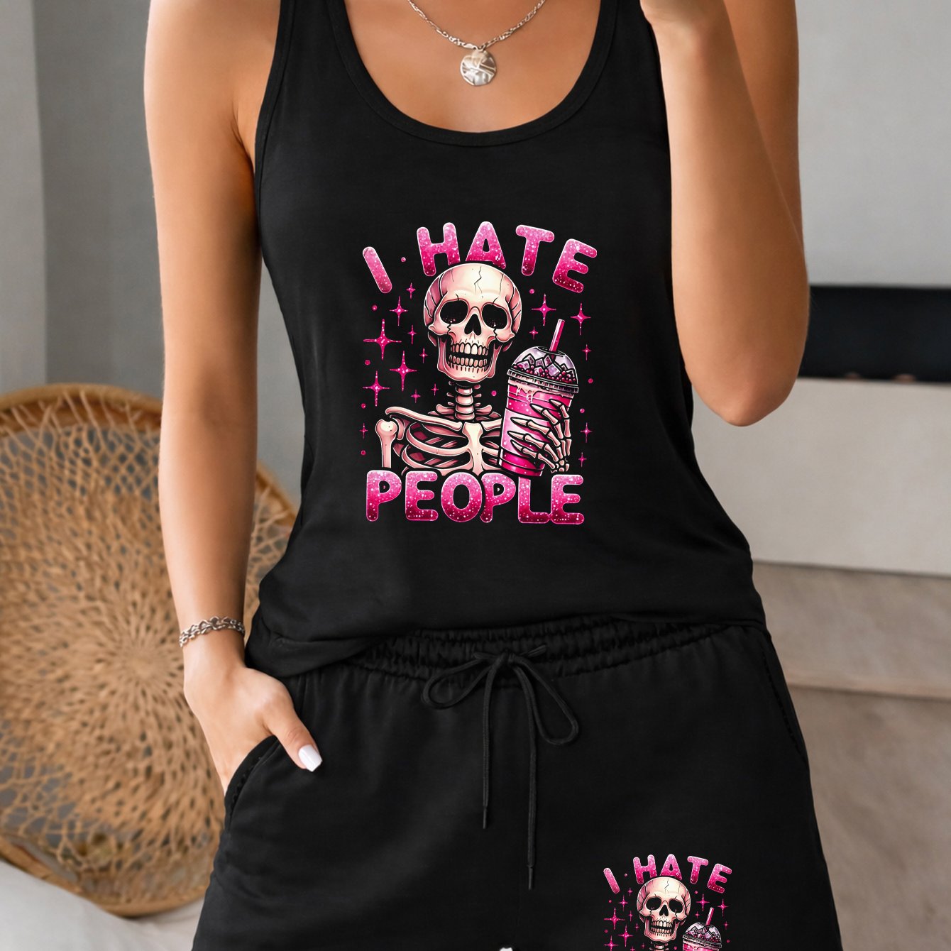 TEMU Fashionable Casual Women's Stylish Set Versatile Trendy Casual Women's Wear Vest Set Creative Pink Skull Beautiful Print Loungewear Shorts Set