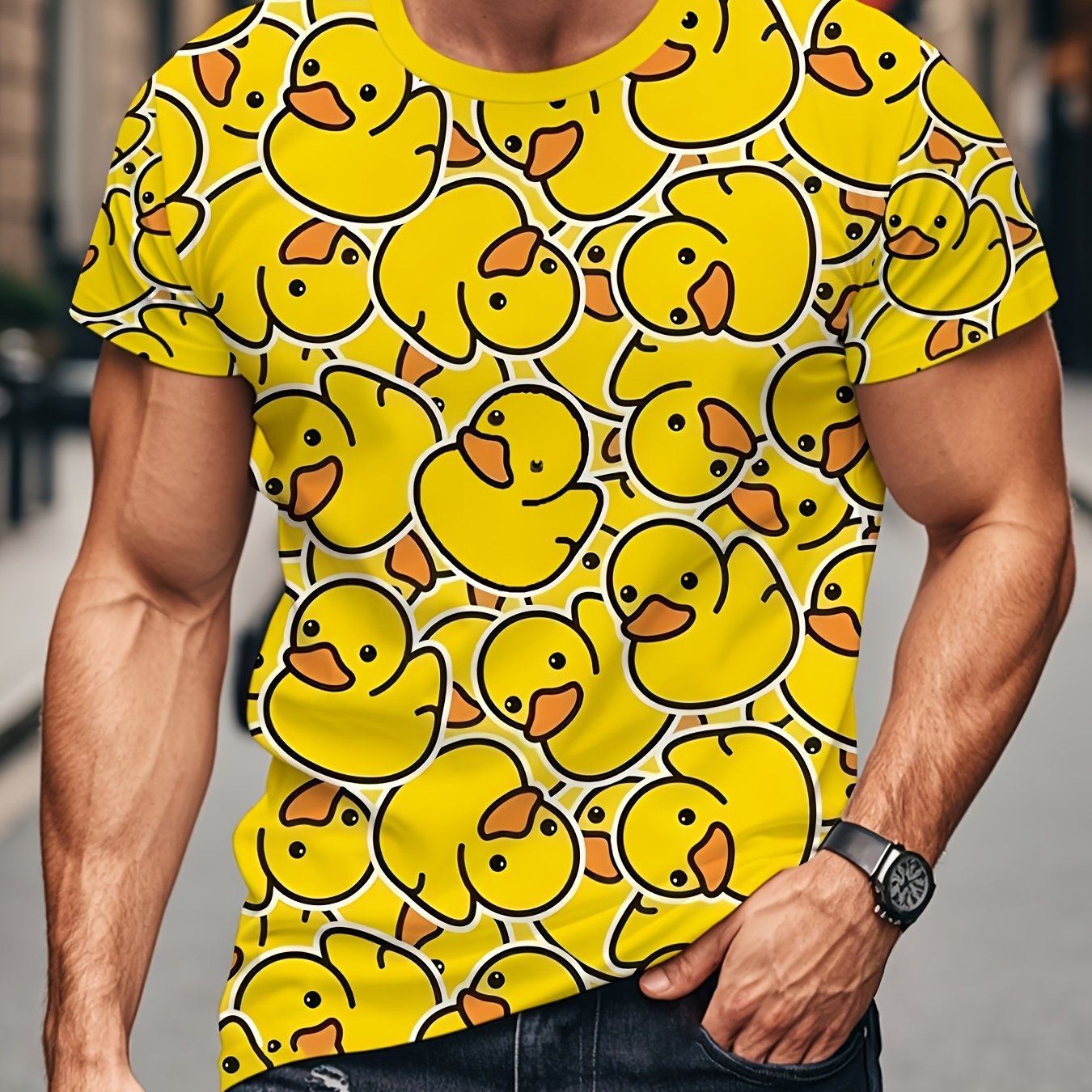 TEMU Printed Design – Not Textured Men's Fashion Cartoon Duck Print T-shirt - Breathable Casual Crew Neck Short Sleeve Top, Vibrant Yellow Duck
