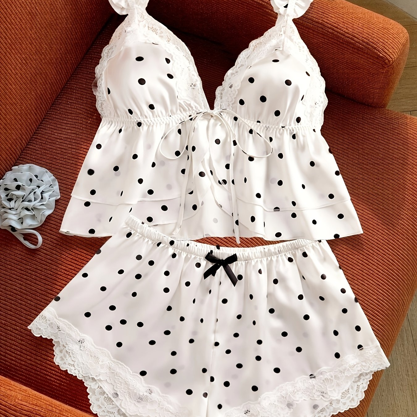 TEMU Women's Polka Dot Satin Camisole Pajama Set, Lace Trim Ruffle Strap 2pcs Loungewear Set, Everyday Cute Strappy Women's Sleepwear