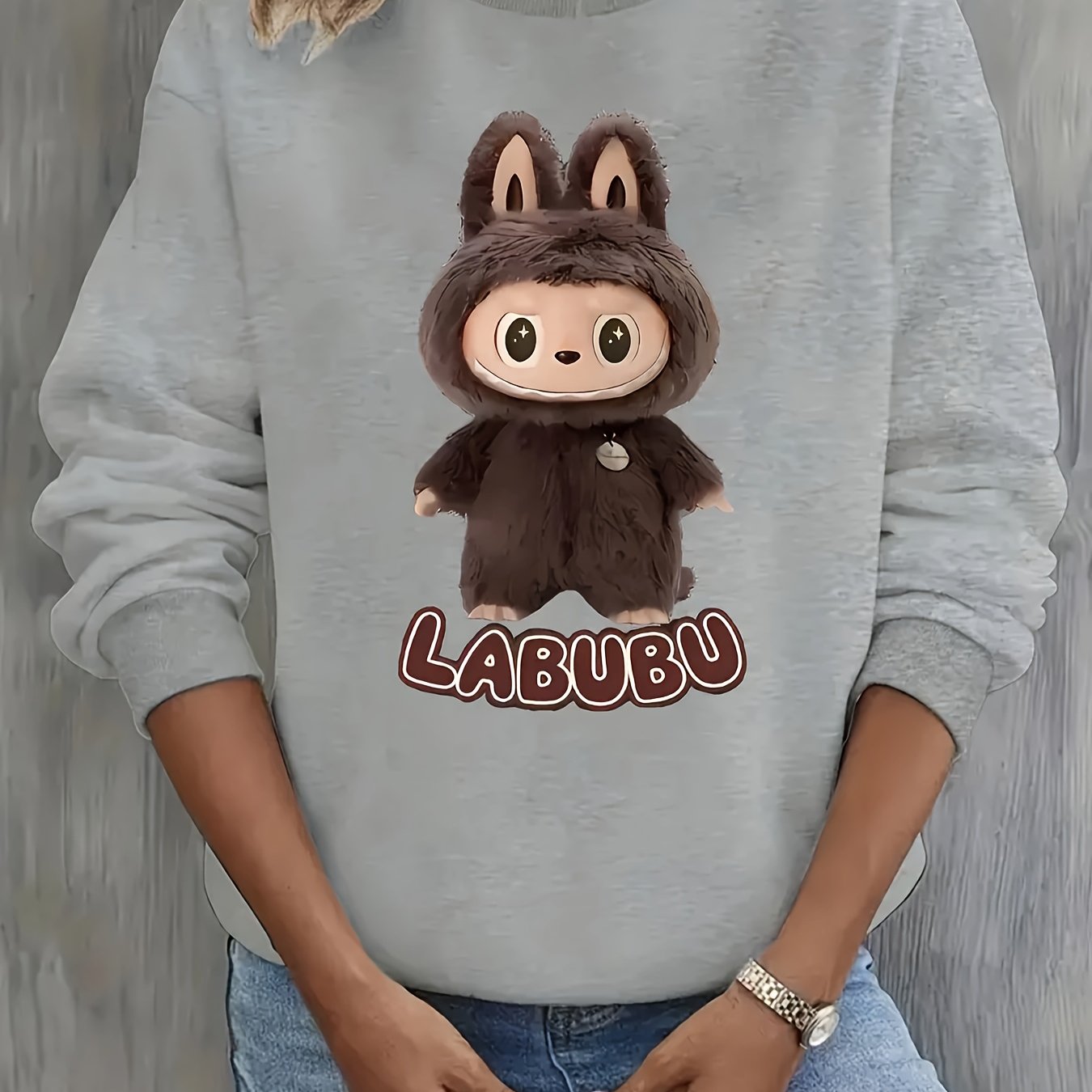 TEMU Labubu Cartoon Graphic Crew Neck Sweatshirt, Elegant Polyester Knit Pullover, For Fall/winter