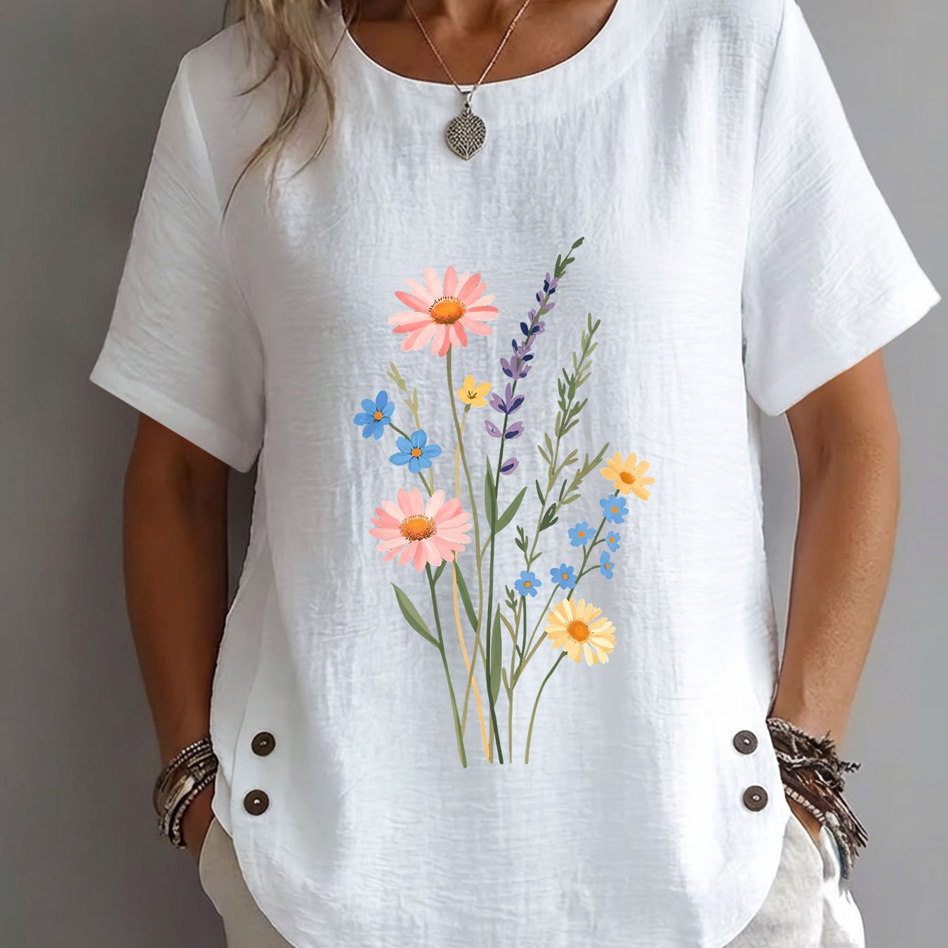 TEMU Spring/summer Women's Top, , Daisy, Lavender, -me-not Print, Elegant, Mature, Casual, Round Neck, Short Sleeve, Women's Clothing