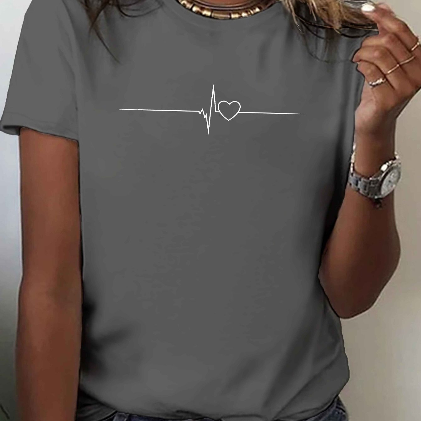 Image of White Electrocardiogram T-shirt, Short Sleeve Crew Neck Casual Top For Summer & Spring, Women's Clothing