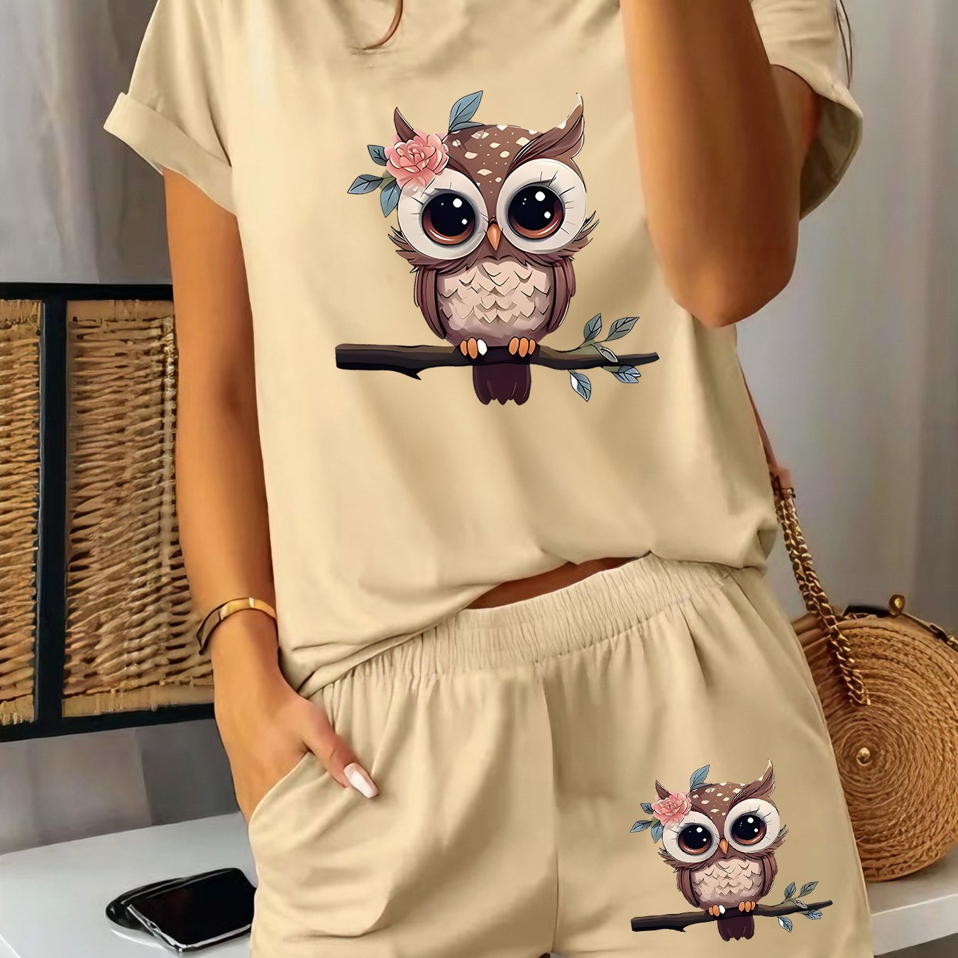 TEMU 2pcs Women's Spring Short-sleeve Set - Cute Owl Print Short-sleeve And Shorts Outfit, Comfortable, Soft, Breathable Sportswear For Daily Wear,