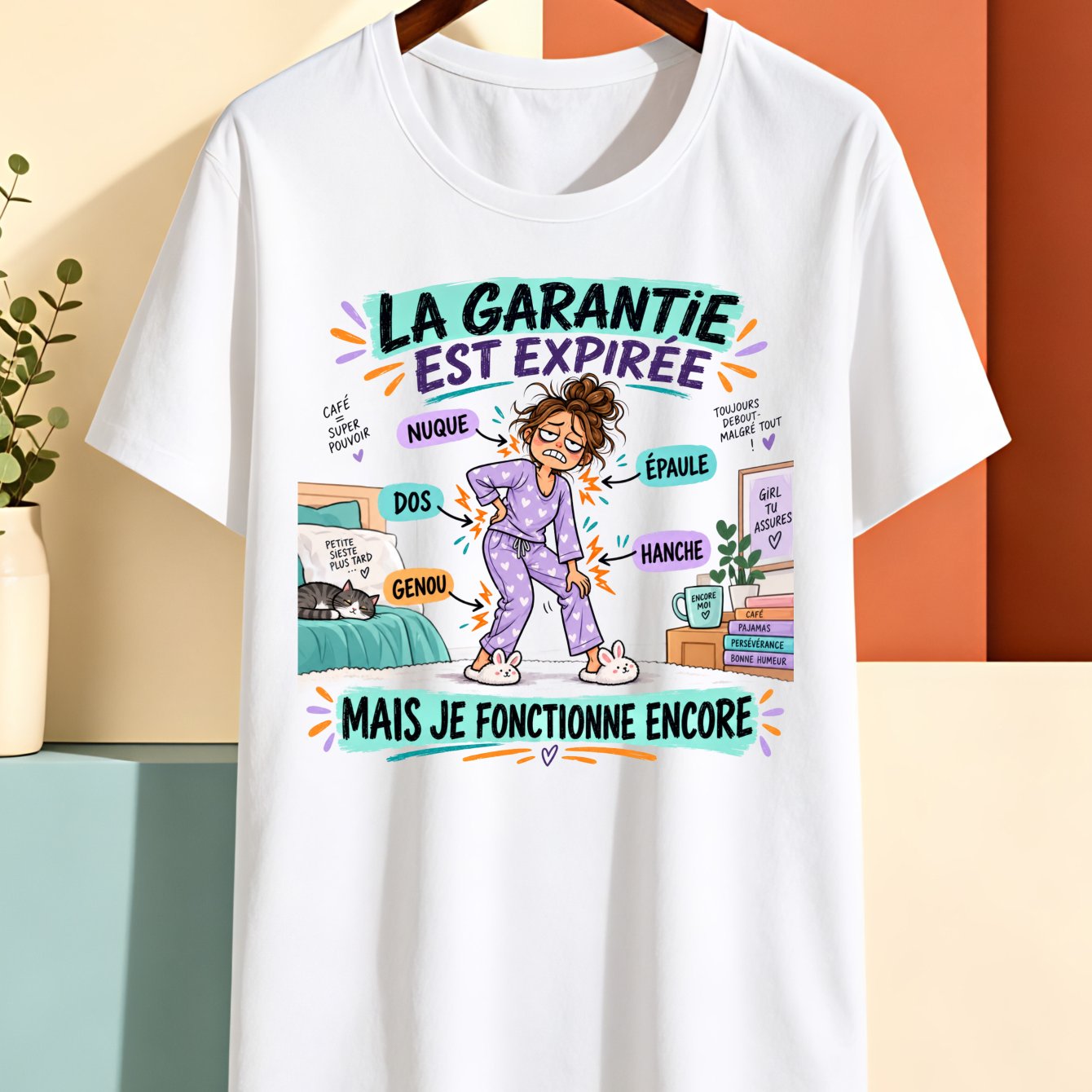 TEMU T-shirt humoristique sur le vieillissement avec "La Garantie Est Expirée" femme en pyjama douleur articulaire et "Mais Je Fonctionne Encore"