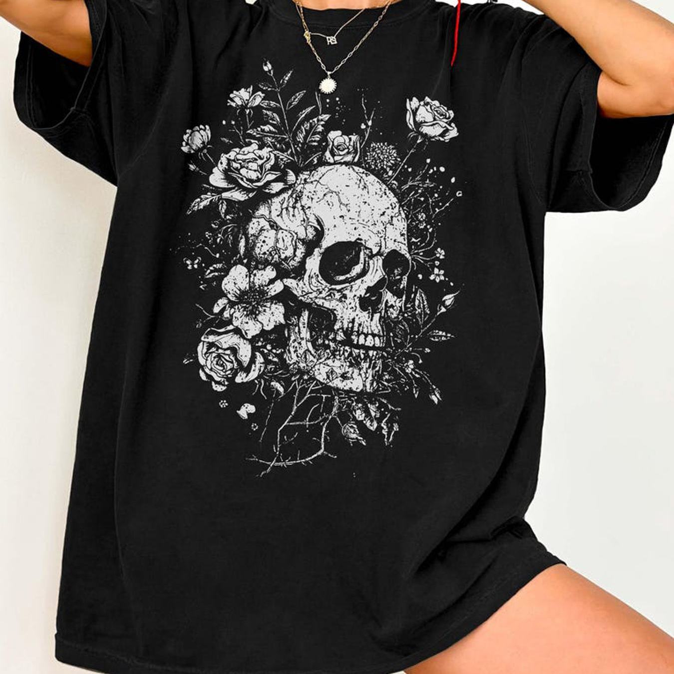Gothic Skull Rose T Shirt Colors Floral Skeleton Goth Clothes Alternative Grunge Dark Aesthetic