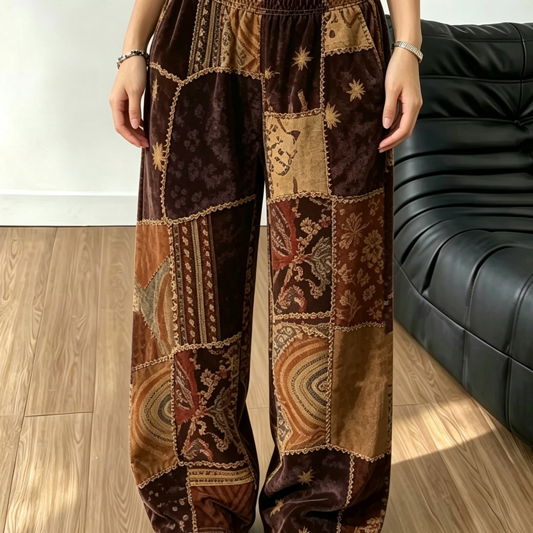 TEMU Vintage Bohemian Geometric Ethnic Style Random Print Wide-leg Pants For Women, Elastic Waist Loose Casual Straight Trousers, Wear