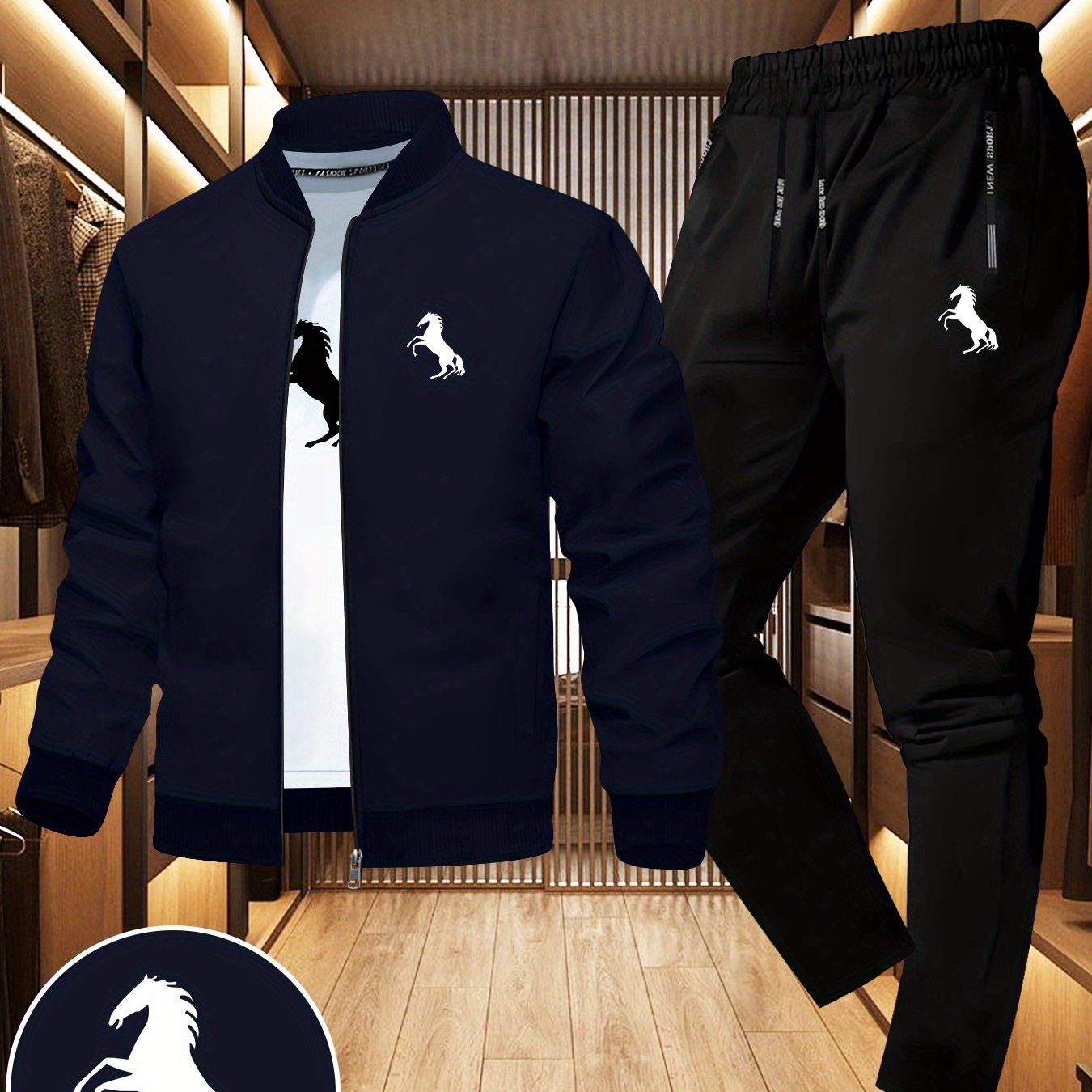 TEMU Men's Trendy Autumn And Winter Two-piece Fashion Jacket Set, Featuring A Easy And Versatile Black And White Horse Pattern, Perfect For Casual