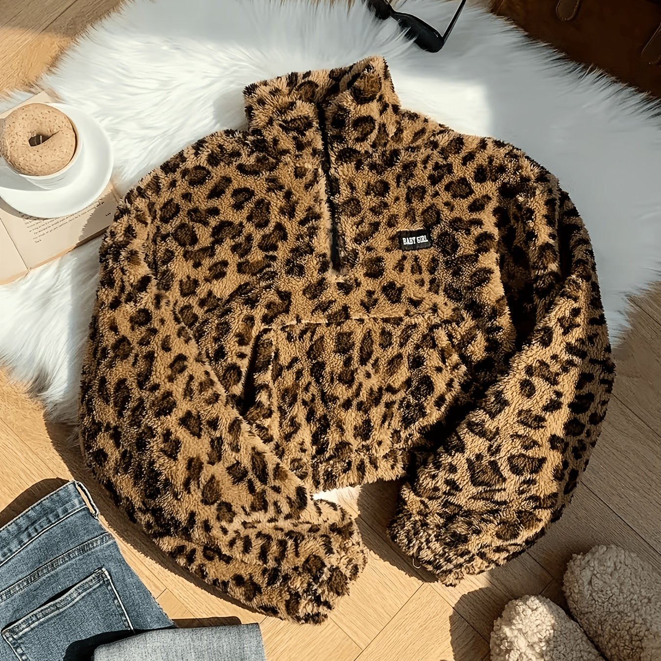 TEMU 2026 Autumn/winter New Arrival: Leopard Print Double-sided Cropped Jacket, Women's Elegant Faux With Stand Collar, Regular Shoulder Sleeves,