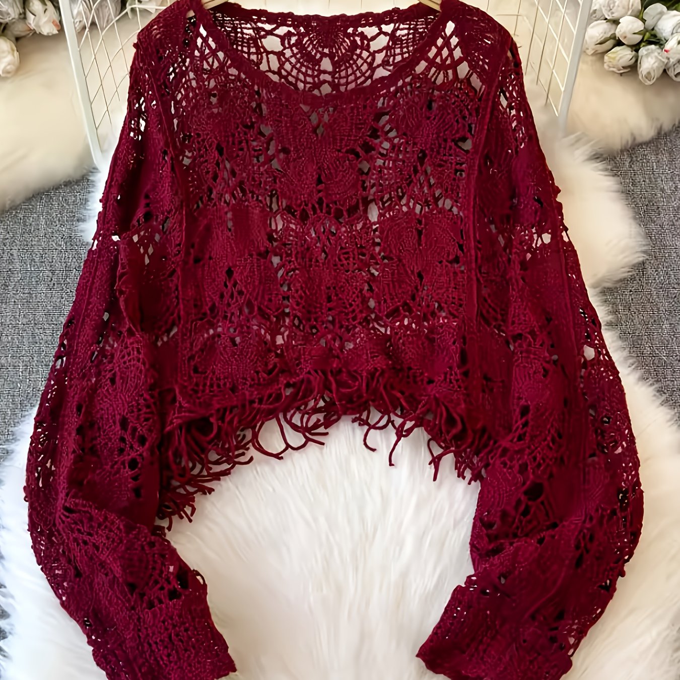 Image of Elegant Casual Vacation Women's Pullover Sweater, Women's Spring Summer Autumn Clothing, Embroidery Hollow Craft, Suitable For Spring Summer Autumn (prom/back To //home), Women's Clothing