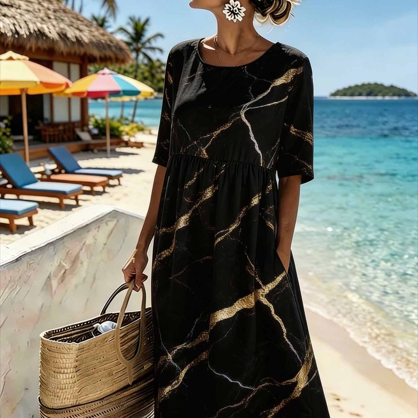 Women's Elegant Midi Dress - Casual 3/4-sleeve, Crew Neck, Loose-. Machine Washable. A Comfortable Beach And Vacation Dress, Perfect For Travel, Getaways, And Everyday