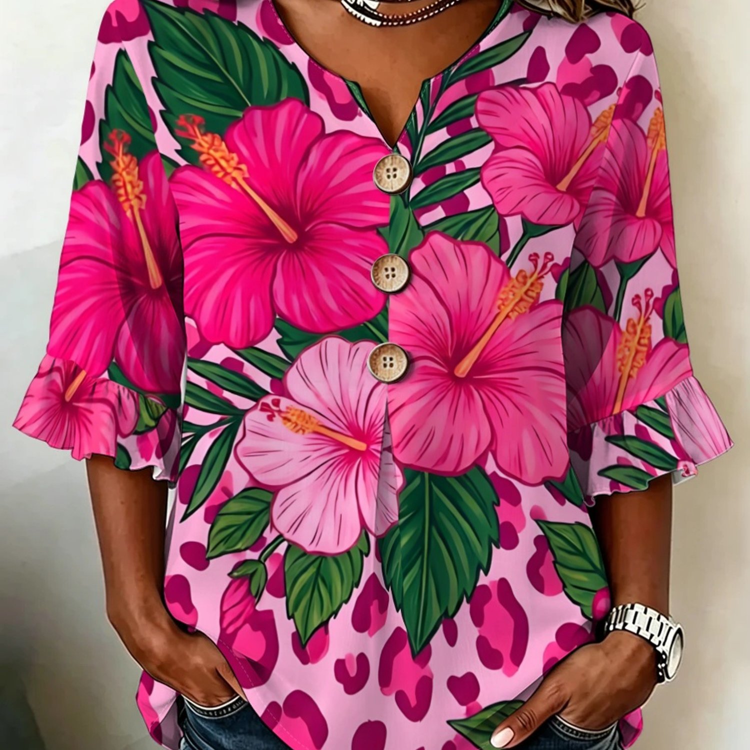 TEMU Plus Size - Western Summer Plus Size Women's Sleeve V-neck Shirt, Leopard Print Plus Size Women's Blouse, Summer Friendly, Fashionable And