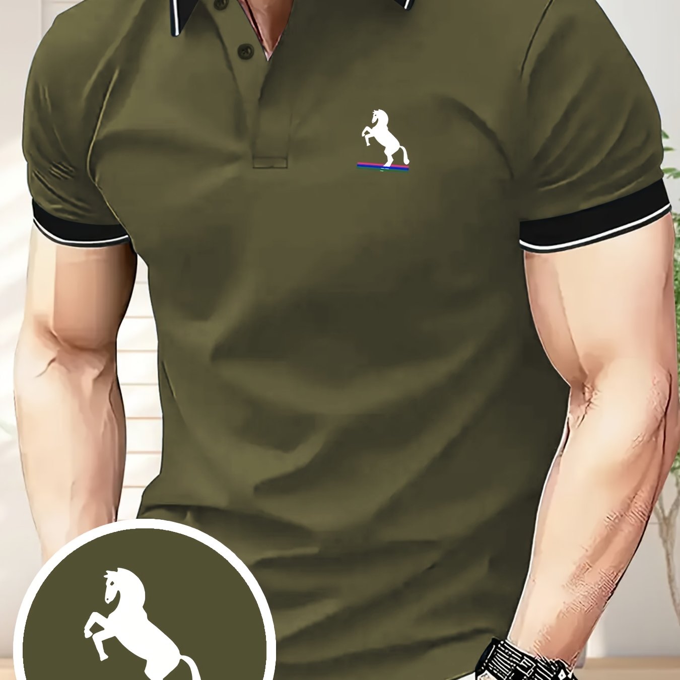 TEMU Men's Trendy Golf Shirt Featuring A Minimalist Horse Pattern Print, With A Short-sleeve Design Slightly Stretchy, Ultra-comfortable, Breathable,