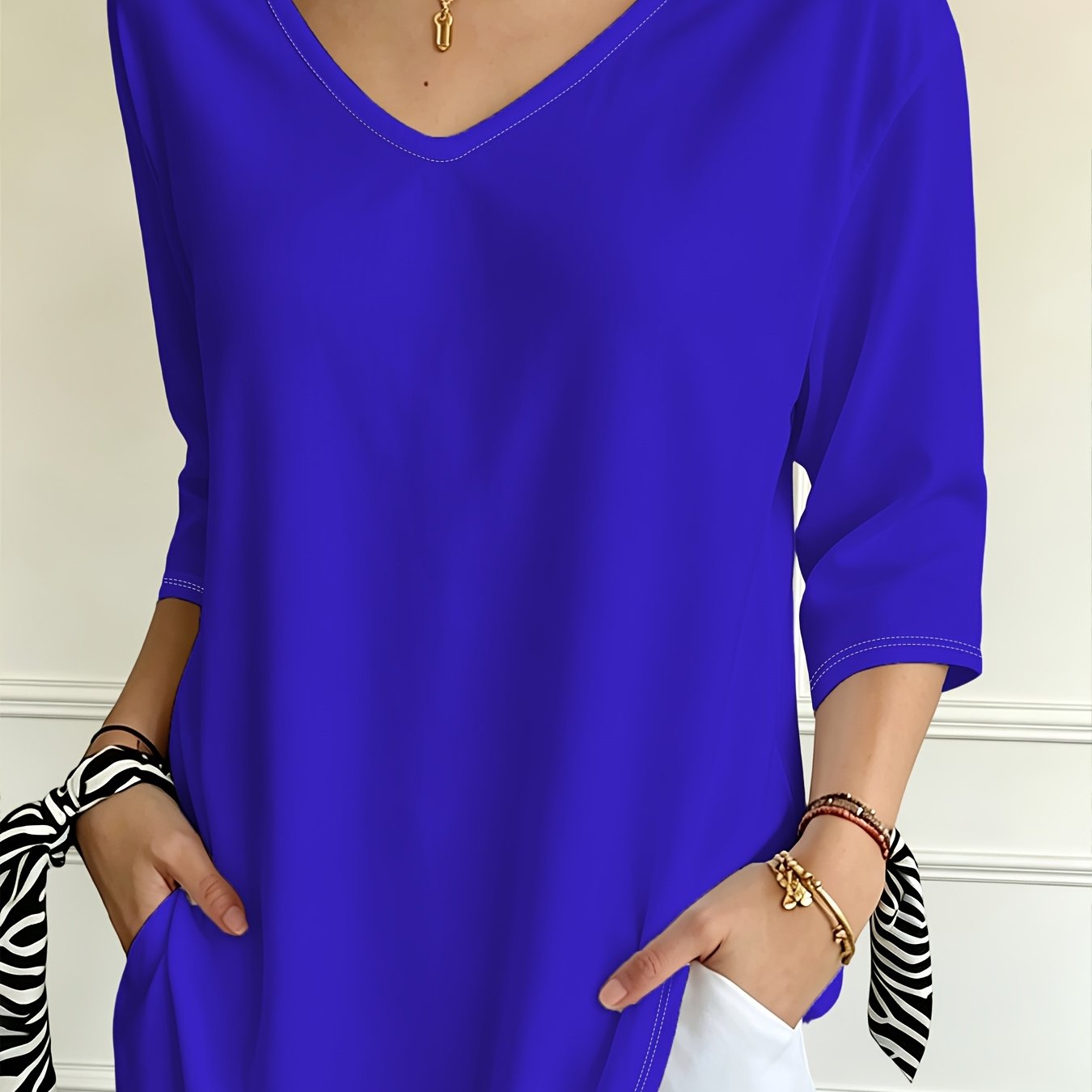 TEMU T-shirt pour femme à col en V et manches -, pull décontracté de couleur unie