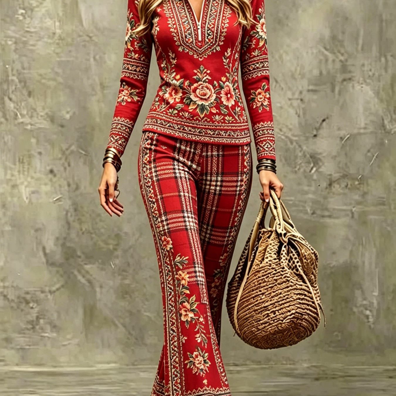 Image of 2pcs Women's European And New Set, Featuring A Fashionable Zip-up Long-sleeve Top And Casual Slim-fit Flare Pants, Suitable For , Commuting To Work, And Leisure Vacation.