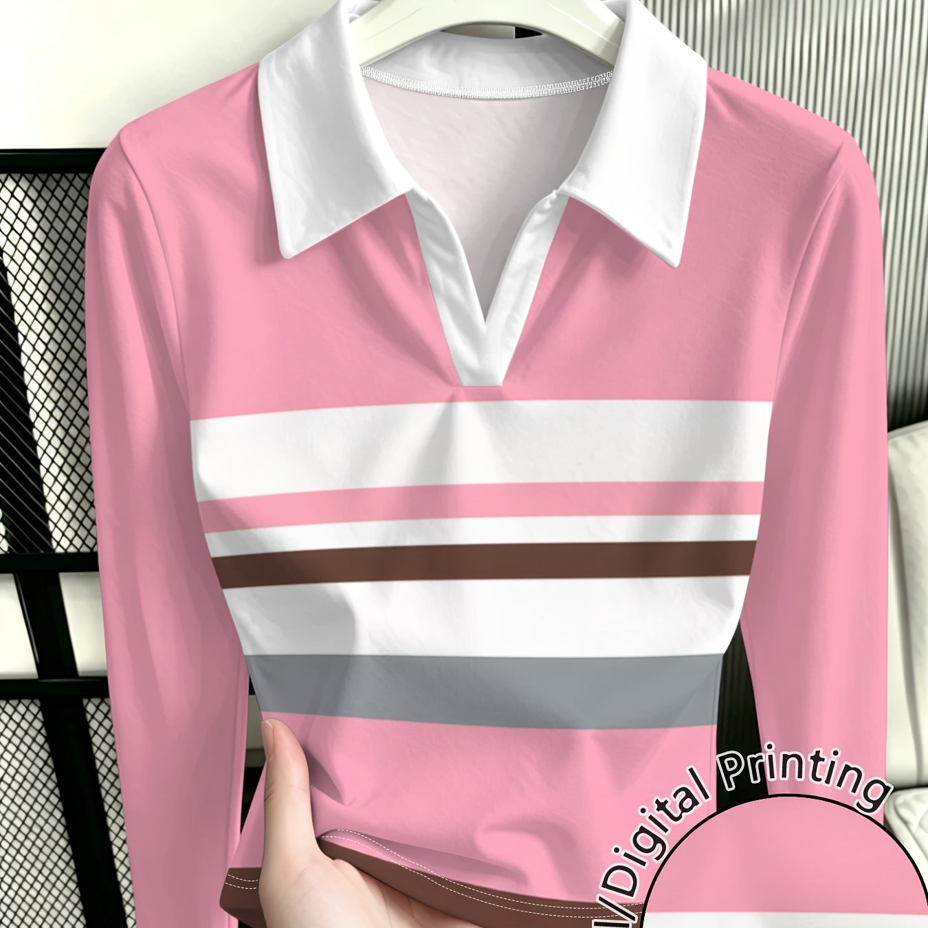 TEMU Plus Size - Pink Contrast Wide Stripe Shirt Women's Spring Autumn -neck Base Layer Top