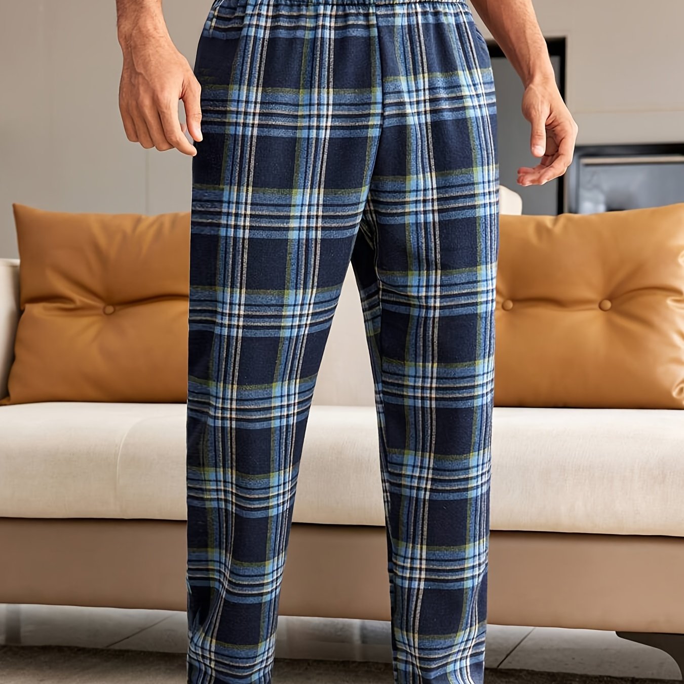 TEMU Casual Plaid Pants - , Stretchy Waistband, Polyester, - For & Sleep, For Autumn,