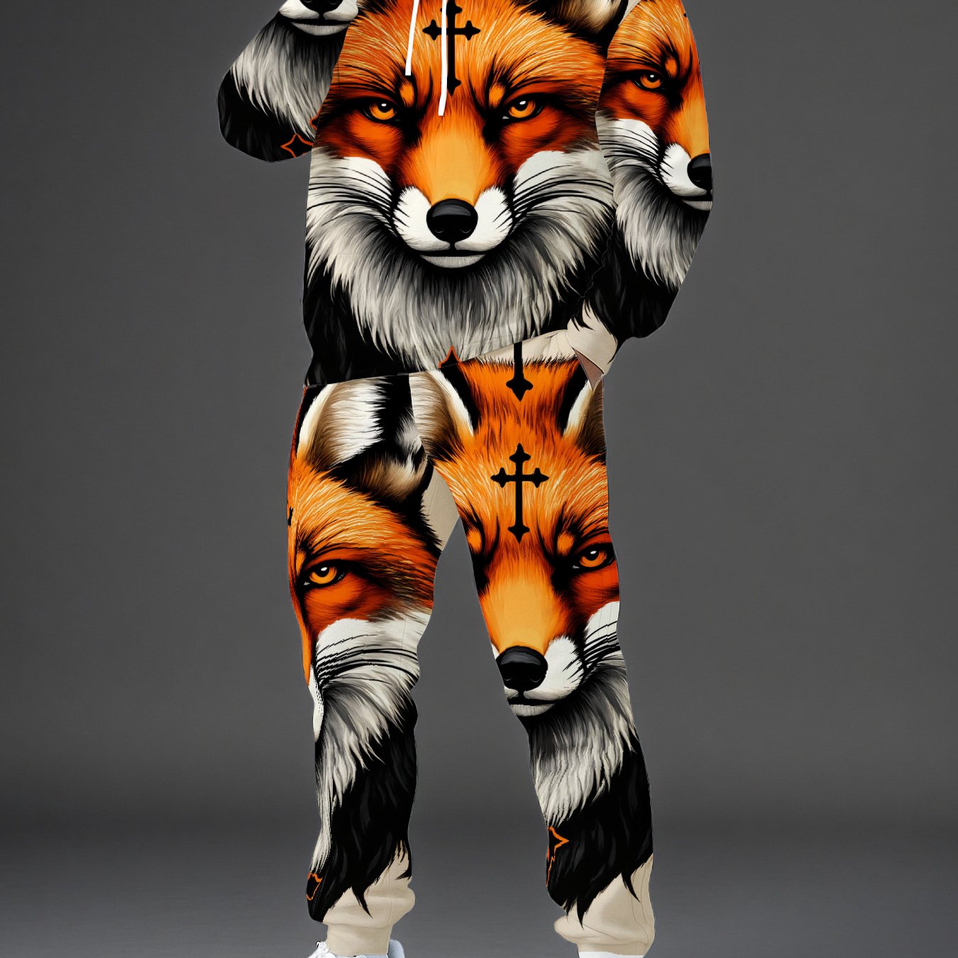 Image of Men's 2pcs Full-body Fox 3d Animal Print Hooded Sweatsuit Set - Orange/ Matching Hoodie & Jogger Pants, Relaxed Fit Winter Outfit For Casual & Athletic Wear, Fall/winter (2pcs)