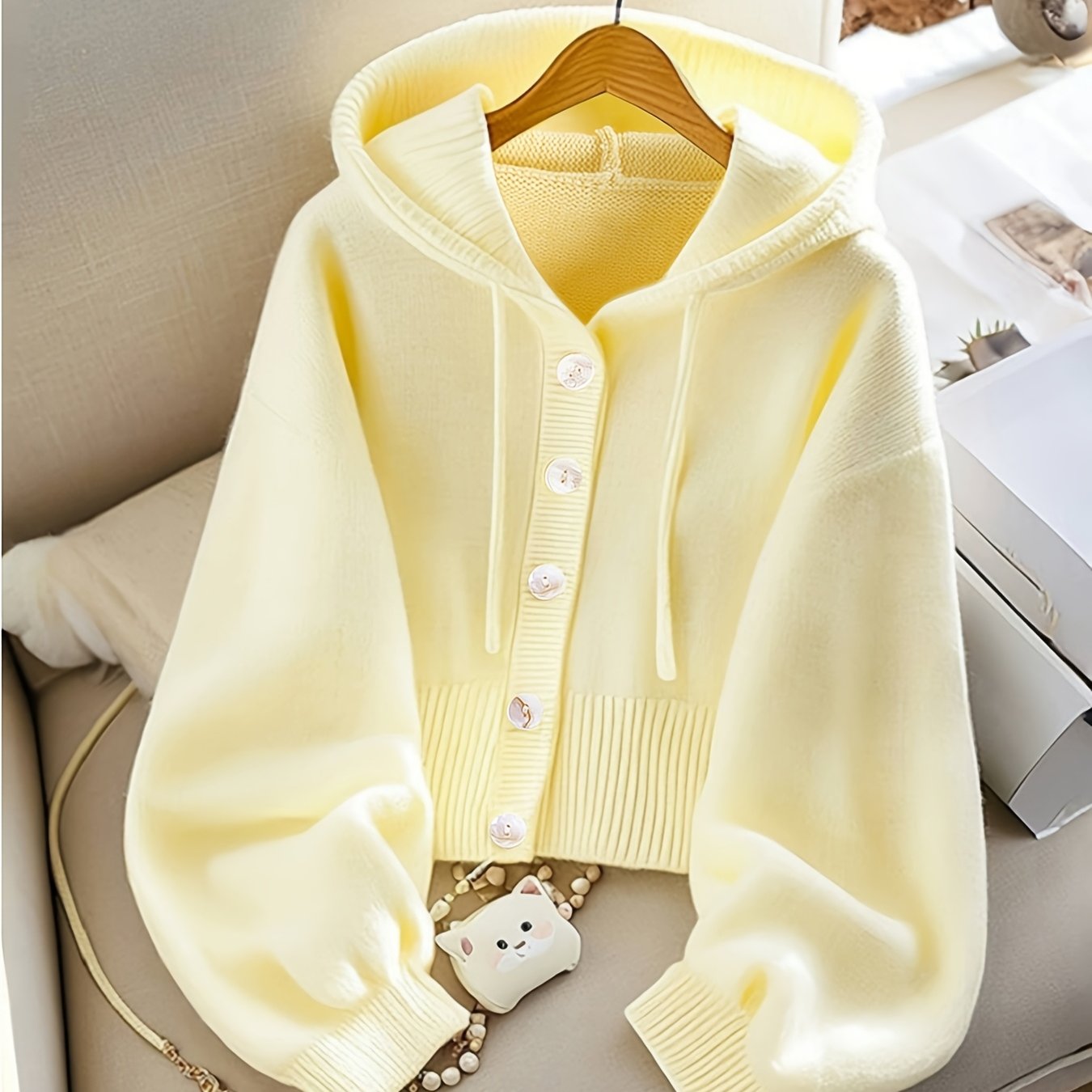 Image of Yellow Loose-lazy Style High-end Hooded Sweater Coat Women's Cardigan Top - Gavin