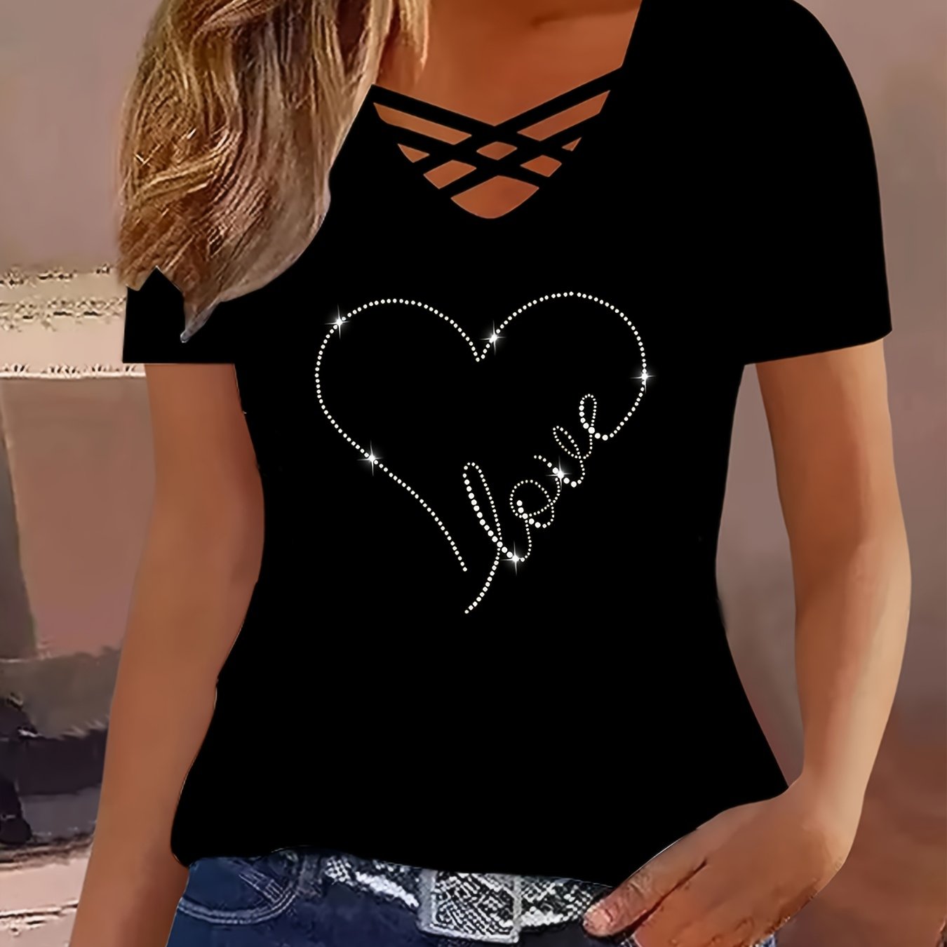 Image of Stylish V-neck Strap Rhinestone T-shirt With Heart Embellishments For Women - Elegant And Fashionable Blouse