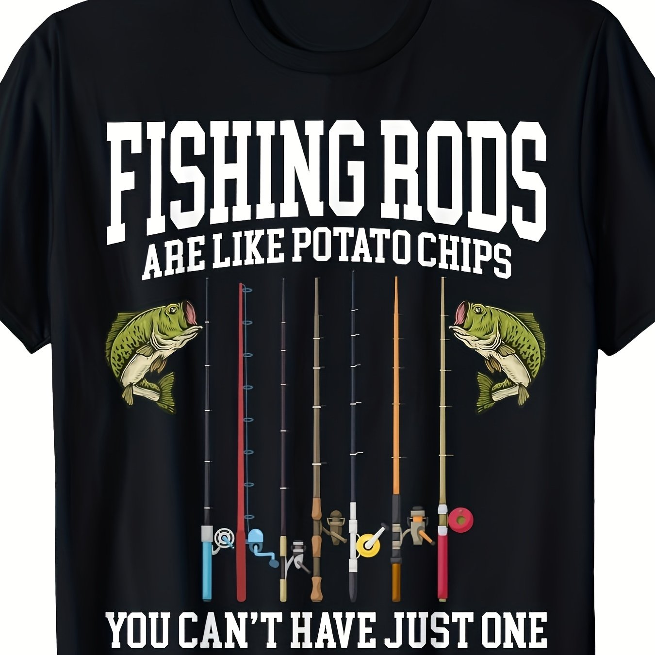 TEMU Men's Funny Fishing T With Fishing Rods Are Like Potato Chips Slogan Heavyweight Sm Loose Neck For Outdoor Activities & Casual Wear All Season