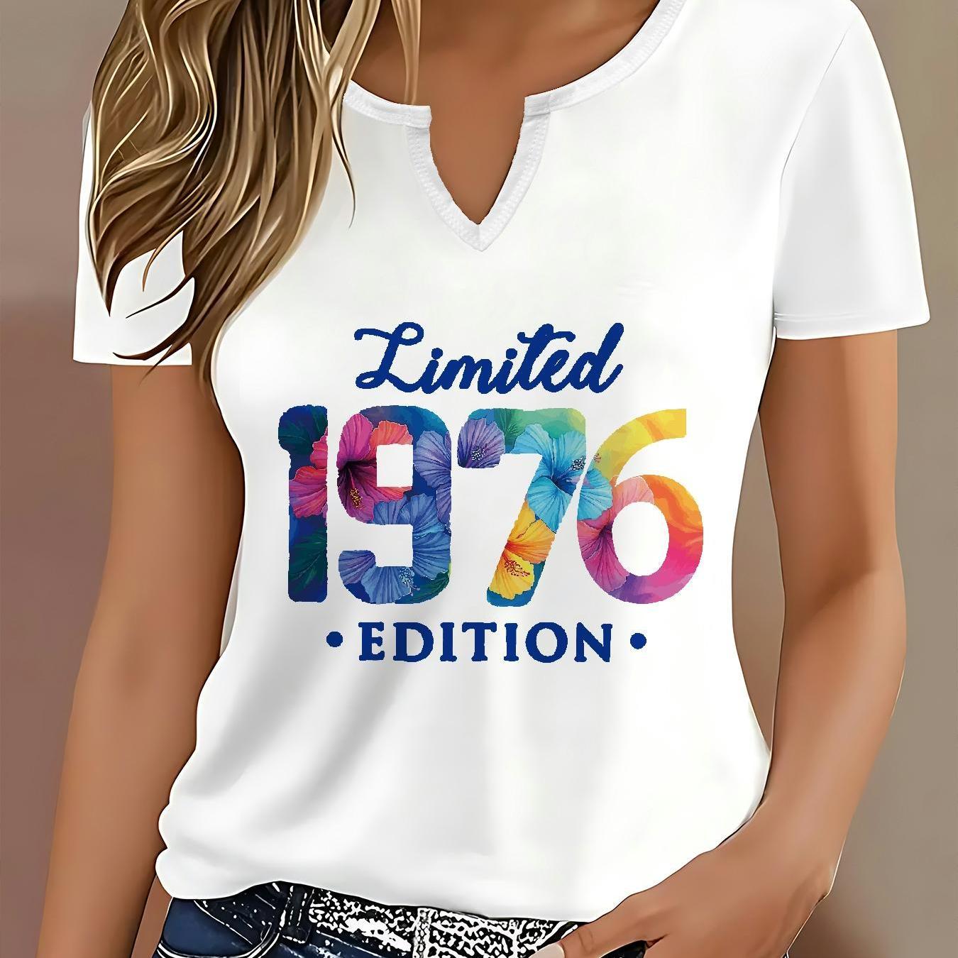 TEMU T-Shirt Femme Édition Limitée 1976 - Col Manches Courtes, Haut Slogan Rétro 1976, Blouse Décontractée Été, Vêtement Lavable en Machine & Tee