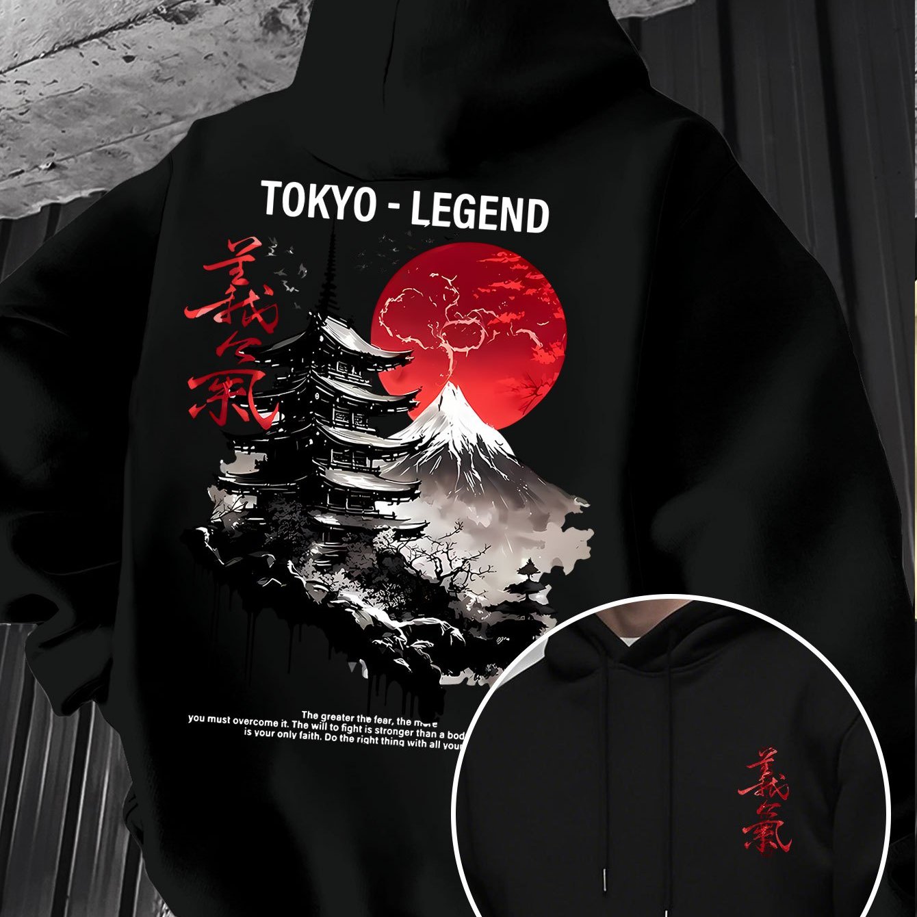 Image of Tokyo Red Ancient Pagoda Ink Print Hooded Sweatshirt Men's Japanese Retro Street Pullover Long Sleeve Hoodie