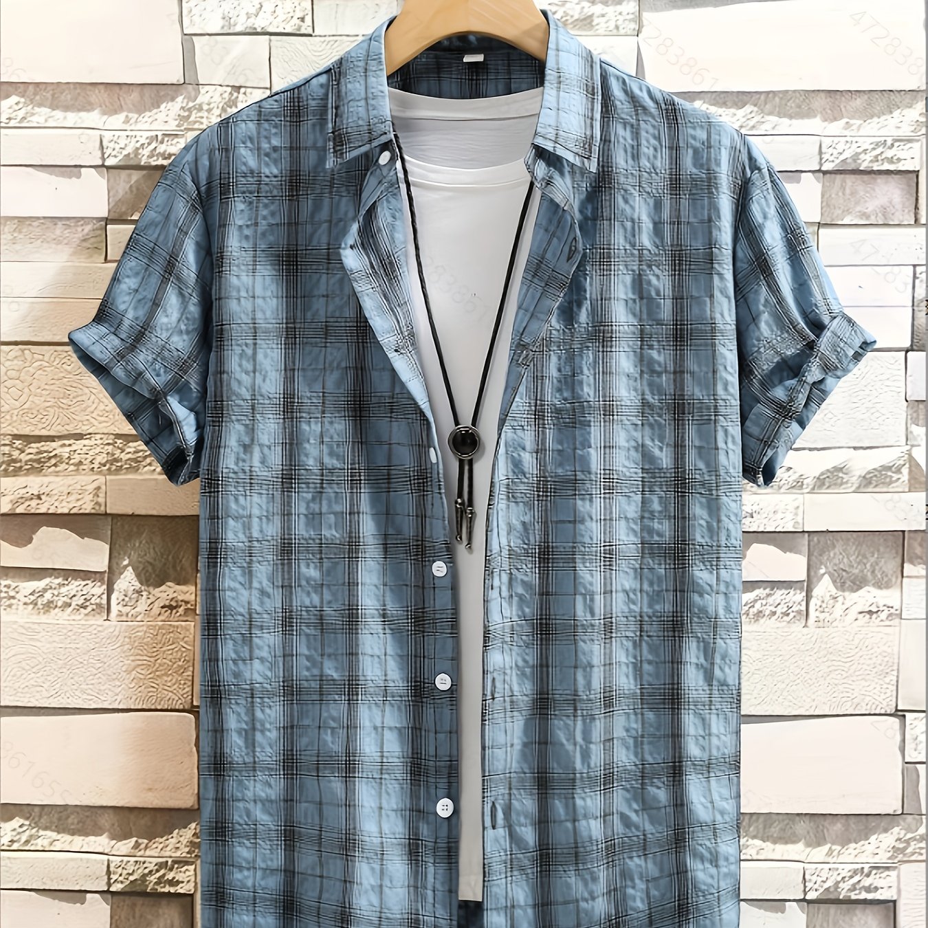 Image of Summer Men's Casual Texture Checkered Short Sleeve New Loose Outdoor Trendy Fashion Outerwear Button-up Lapel Shirt