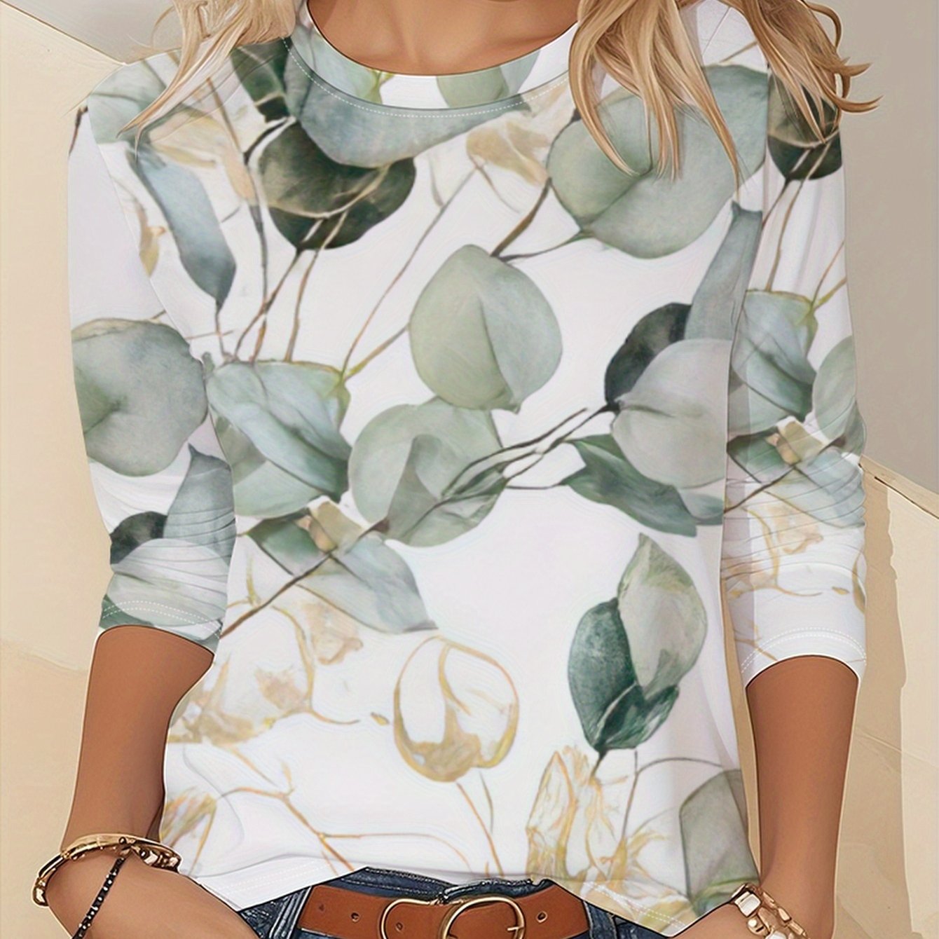 TEMU Print T-shirt, Long Sleeve Round Neck Casual Top, Suitable For Spring And Autumn Season, Women's Clothing