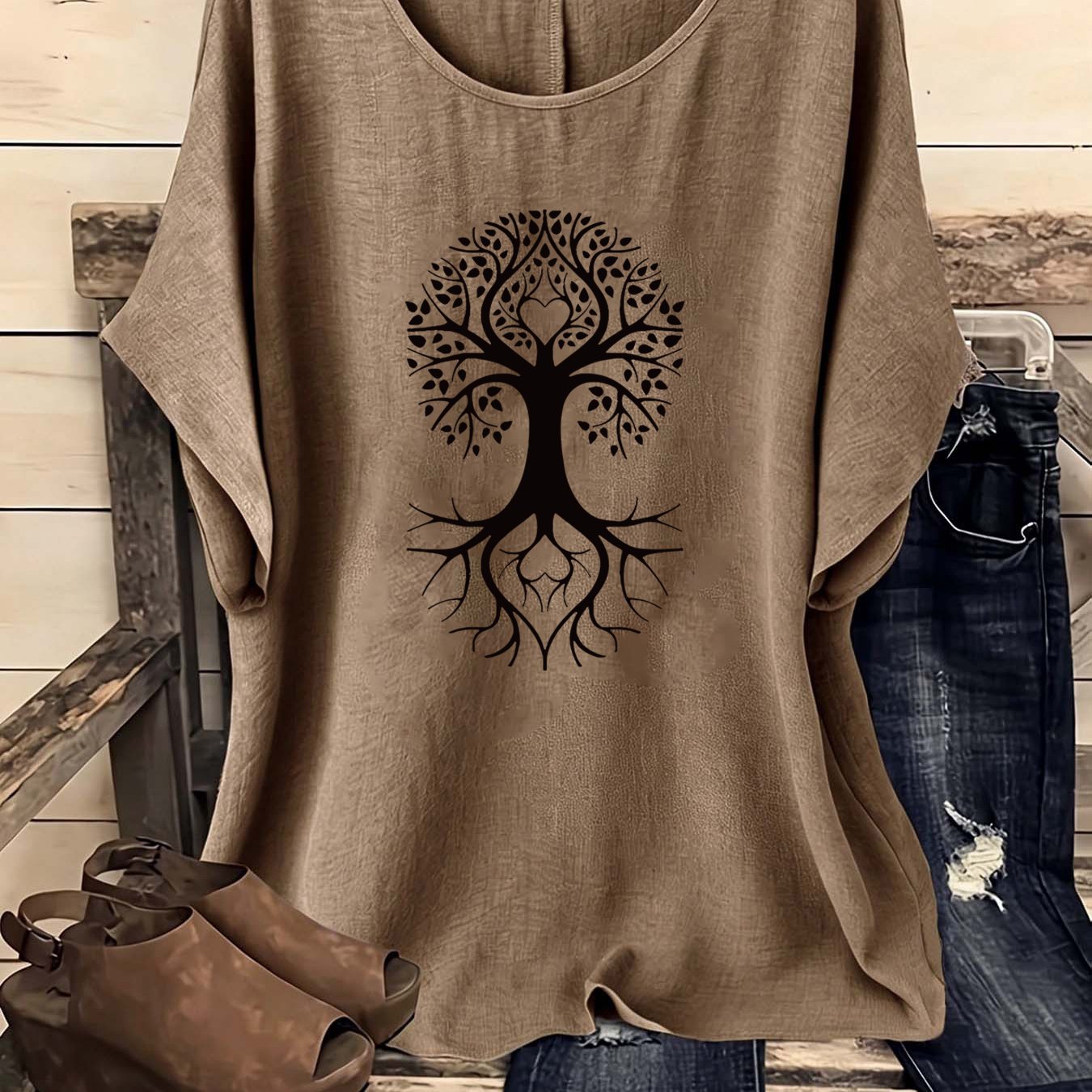 TEMU European And American Women' Bohemian Style Vintage Round Neck Short Sleeve Shirt, 1pc Women's Shirt, Vintage Women's Clothing, Women's Shirt,
