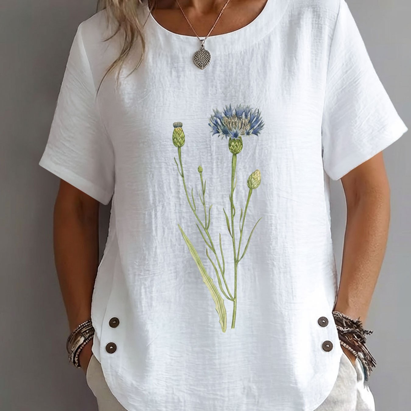 TEMU Spring Summer Women's , Retro Style Wildflowers, And Branches, Printed Mature Casual Round Neck Short Sleeve Elegant Clothing