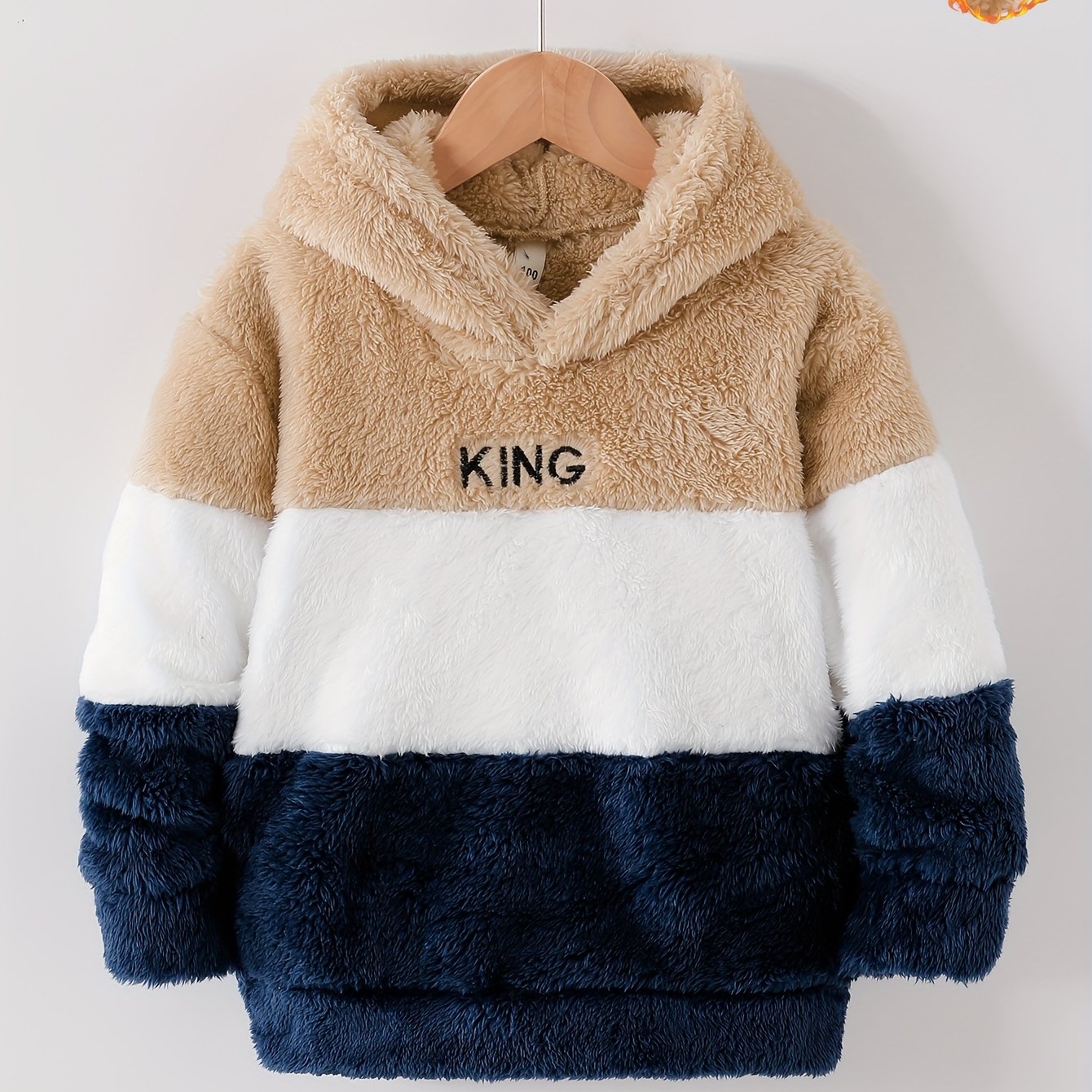 Fall Winter New Thick Warm Hooded King Letter Embroidered Top Khaki White Navy 3-color Fashion Casual Versatile Plush Pullover Top, Boys And Girls Clothes, Autumn Essentials