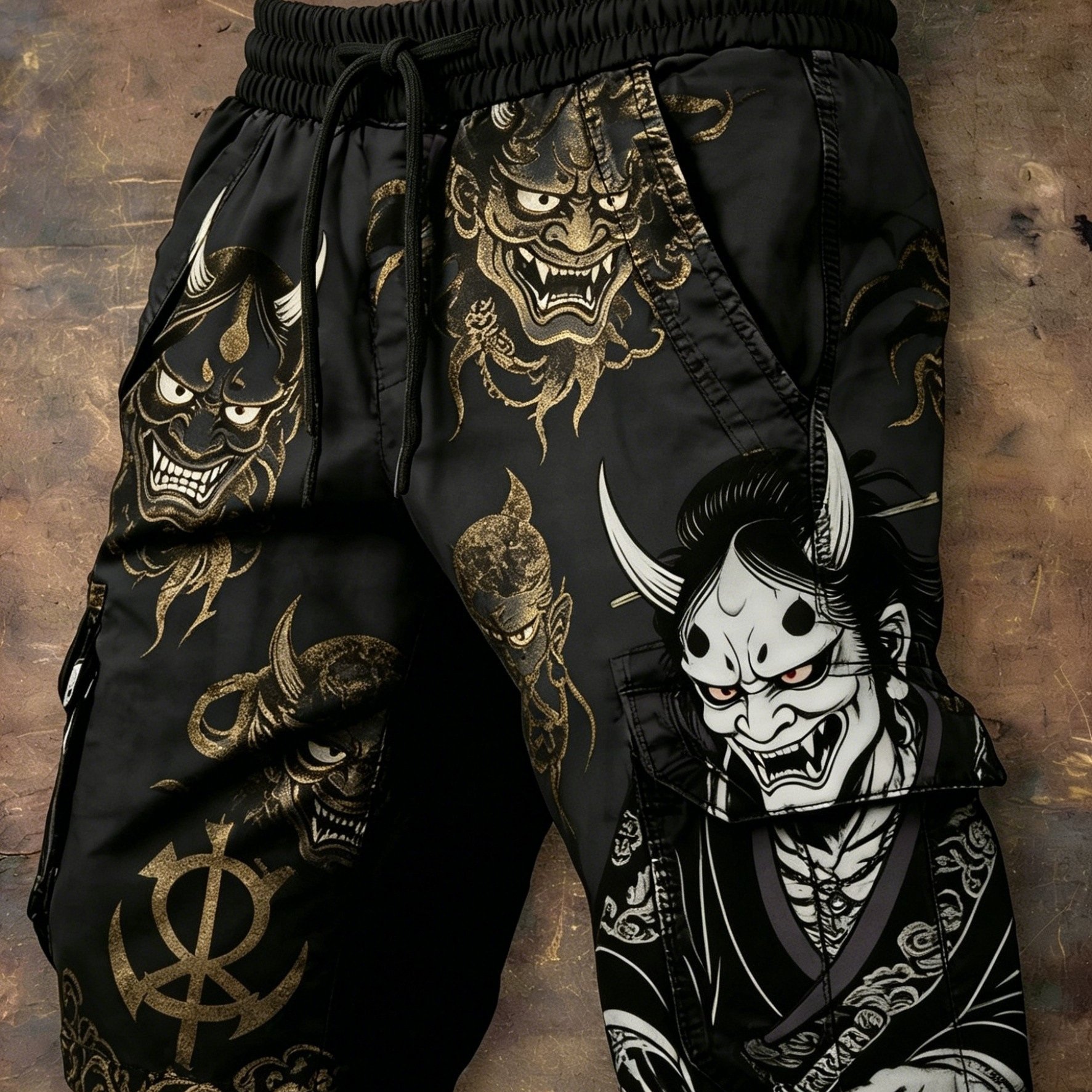 Image of Men's Japanese Hannya Print Cargo Shorts, Purple And Black, Multi-pocket Drawstring, Washable, Daily Wear And Themed Parties