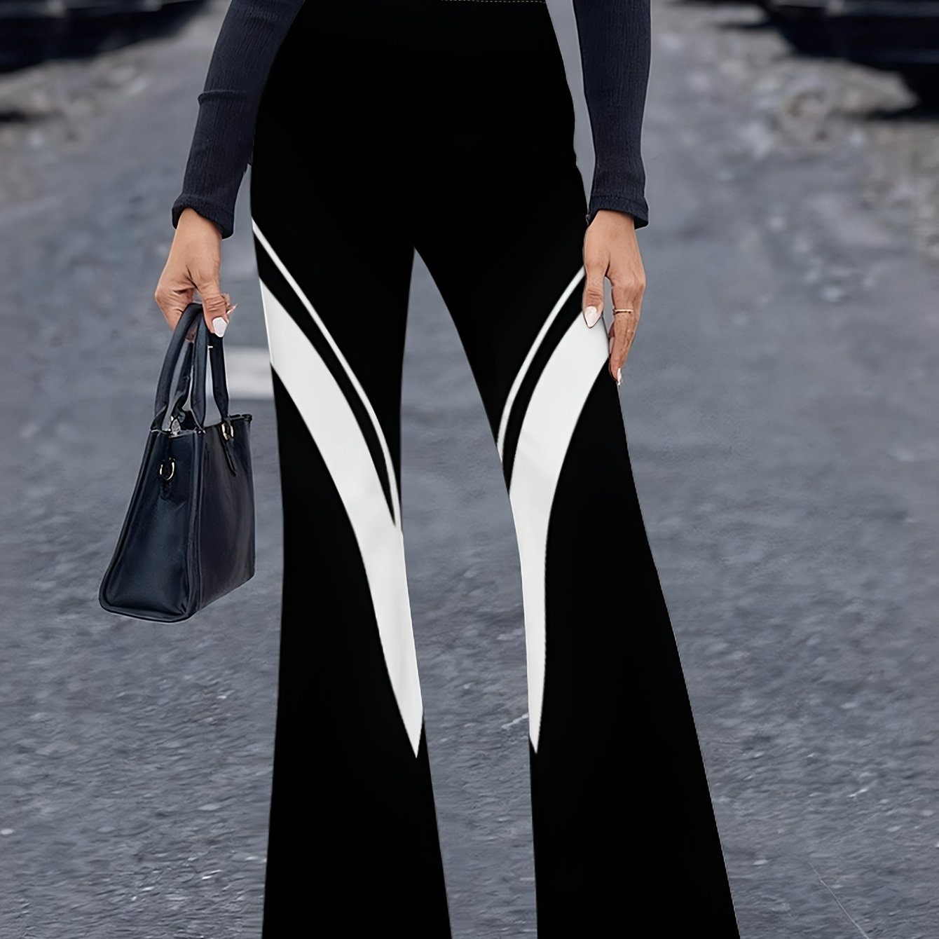 TEMU Pantalon Évasé à Haute Taille pour Femme avec Imprimé Contrasté , Pantalon Confortable Extensible à Taille Élastique, Pantalon Élégant, Fluide,