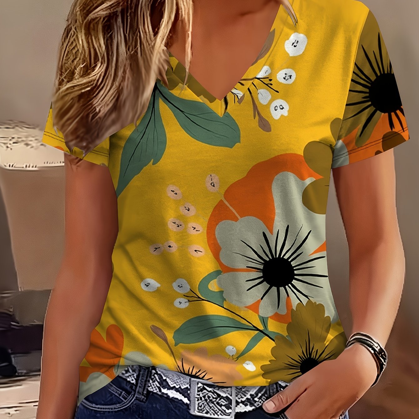 TEMU Women's -neck T-shirt With Abstract Mustard Floral Print - Botanical Pattern In Muted Tones, Casual Short-sleeve Top*****2076905096549109760