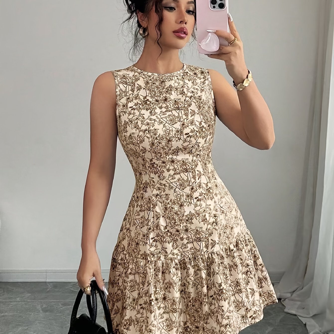 TEMU Elegant Women's Printed Round Neck Waist-cinching Sleeveless Dress, Suitable For Dates, Parties, Gatherings, And Commuting