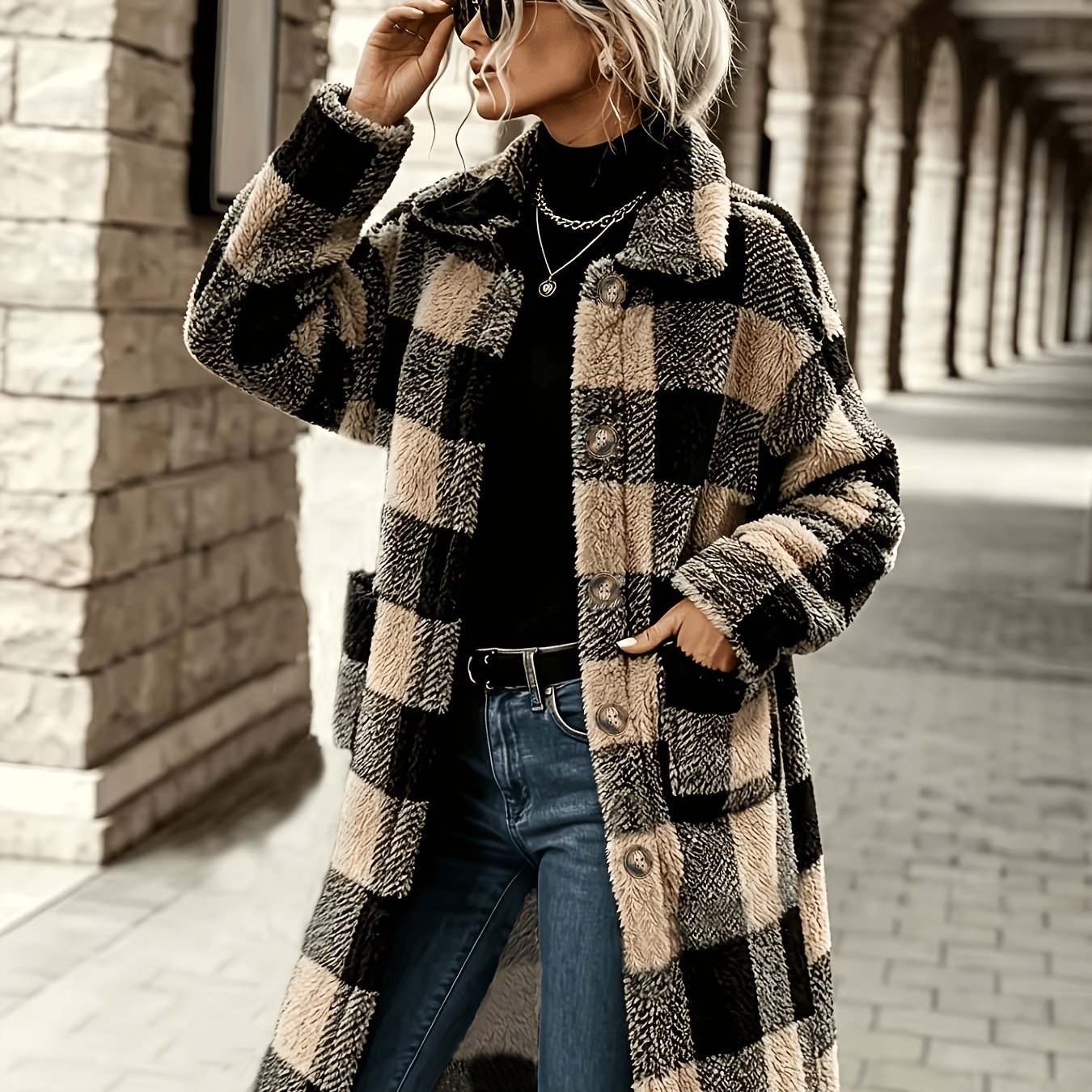TEMU 2026 Autumn Winter New Product, Women's Printed Long Double Plush Coat, Teddy Bear Women's Jacket, Lapel Long Sleeve Button-, Women's Elegant