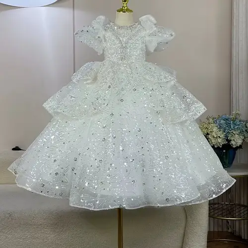 girls luxury elegant blue princess gown heavy embroidery flower girl dress wedding pageant performance attire