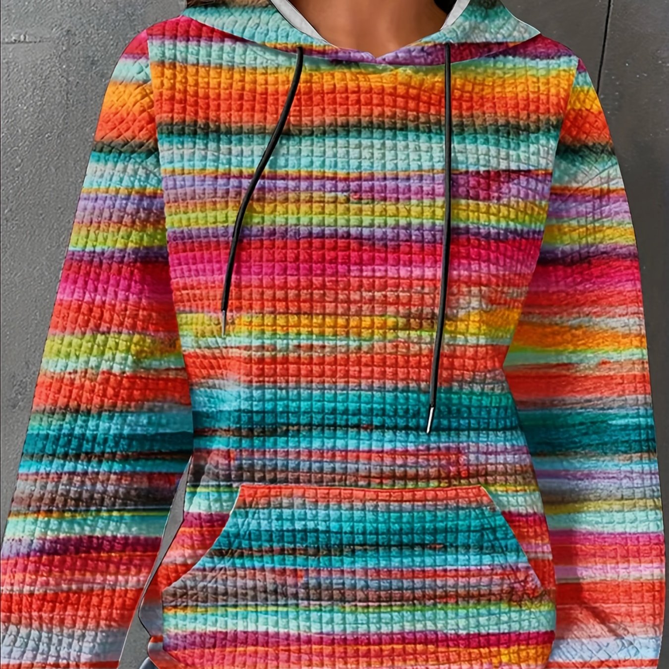 Plus Size, Plus Size Casual Loose Fit Micro-stretch Sweatshirt, Autumn/winter Women's Plus Size Rainbow Stripe Print Hooded Sweatshirt With Pockets & Drawstring