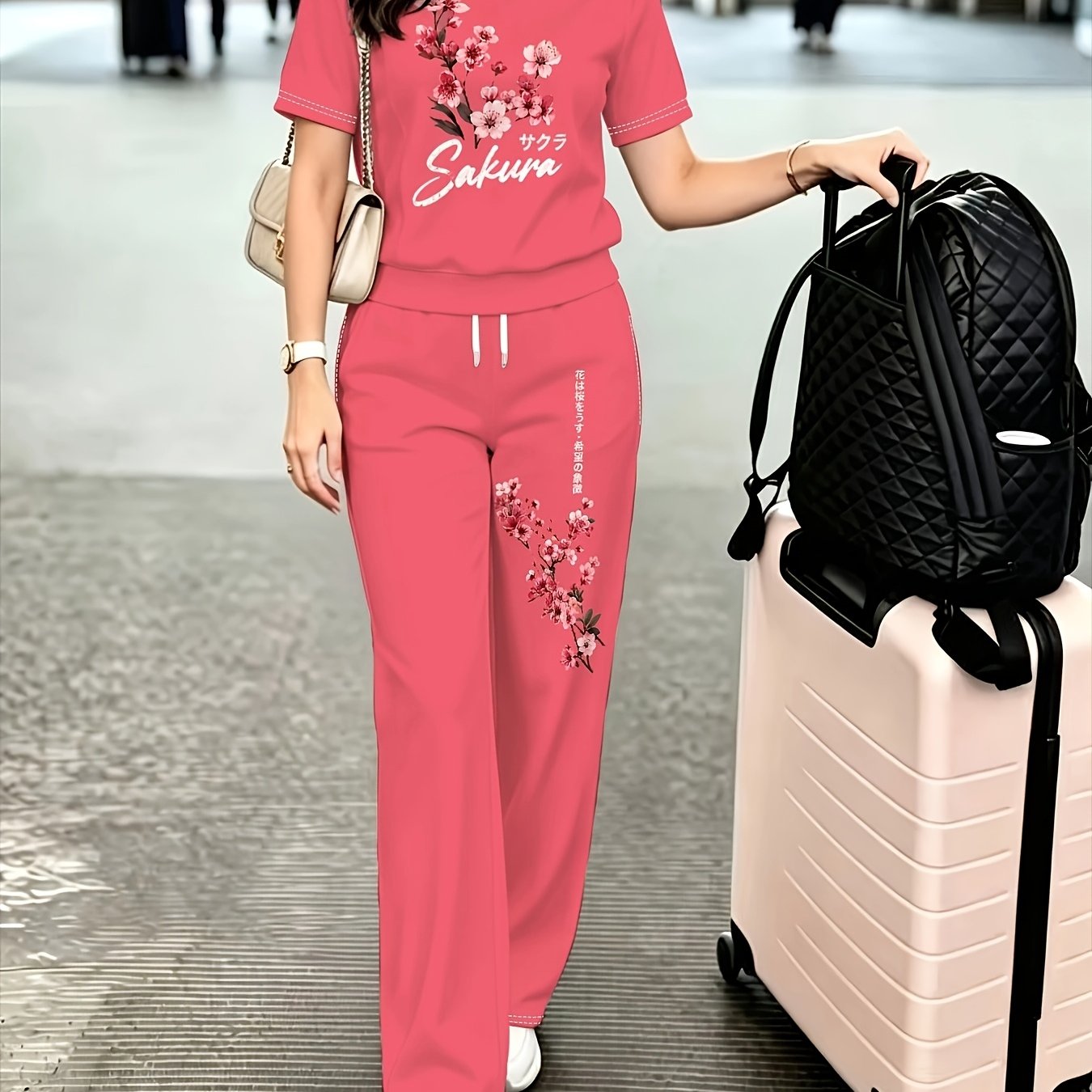 TEMU [printed Design - Not Textured] Women's Long Pants Set, Cherry Floral Print Round Neck Short Sleeve Top   Drawstring Elastic High Waist Wide Leg